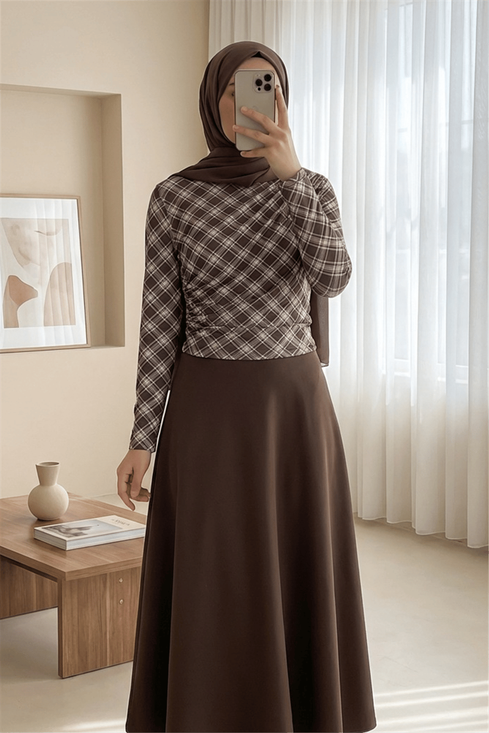 Yanı Büzgülü Ekose Desenli Bluz -Kahve-Bluz-246-2808-R15