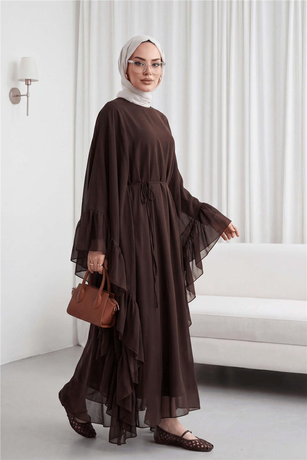 Yanı Fırfırlı Asimetrik Kesim Bağcıklı İçlikli Şifon Elbise Abaya Takım  -Kahverengi-Elbise-114-1422-R15