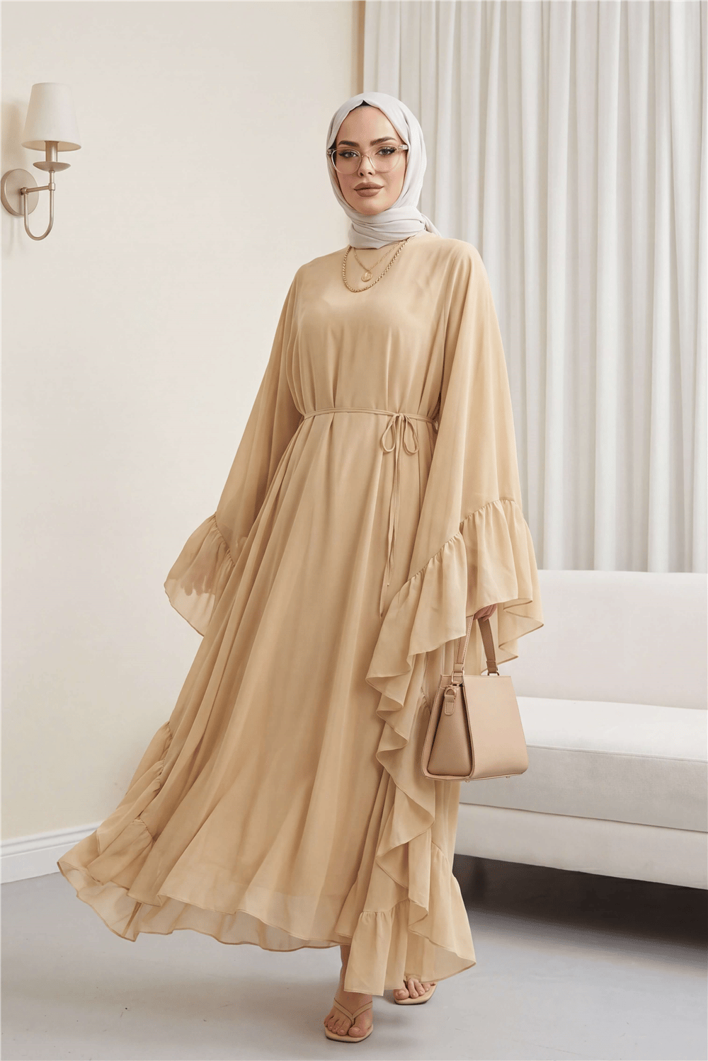 Yanı Fırfırlı Asimetrik Kesim Bağcıklı İçlikli Şifon Elbise Abaya Takım  -Bej-Elbise-114-1422-R56