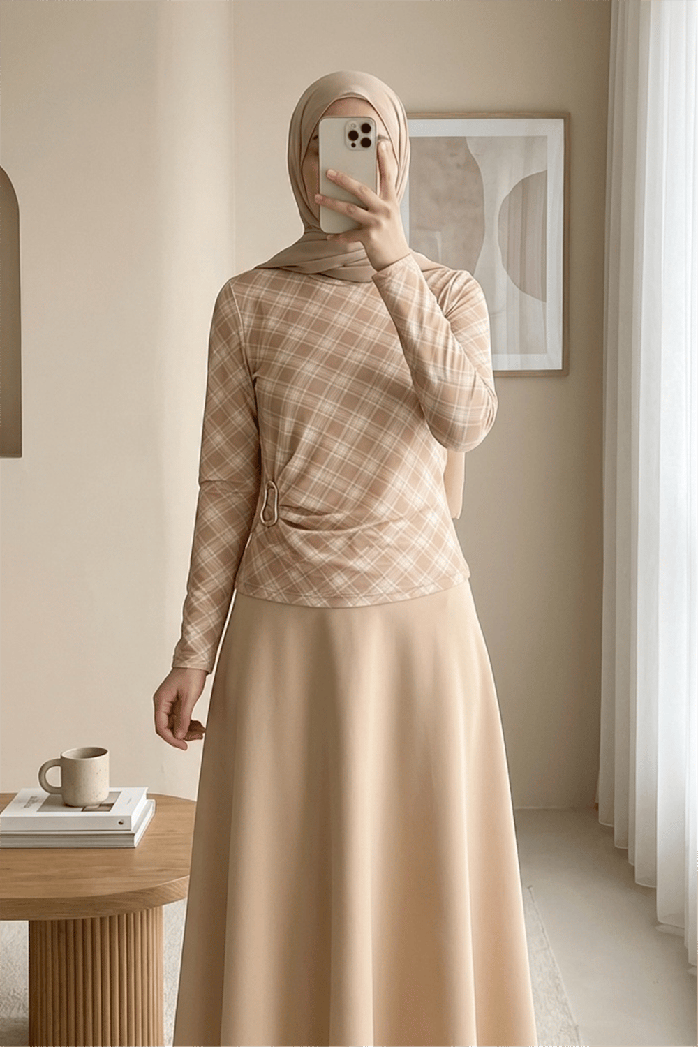 Yanı Tokalı Ekose Desenli Bluz -Bej-Bluz-246-2821-R56