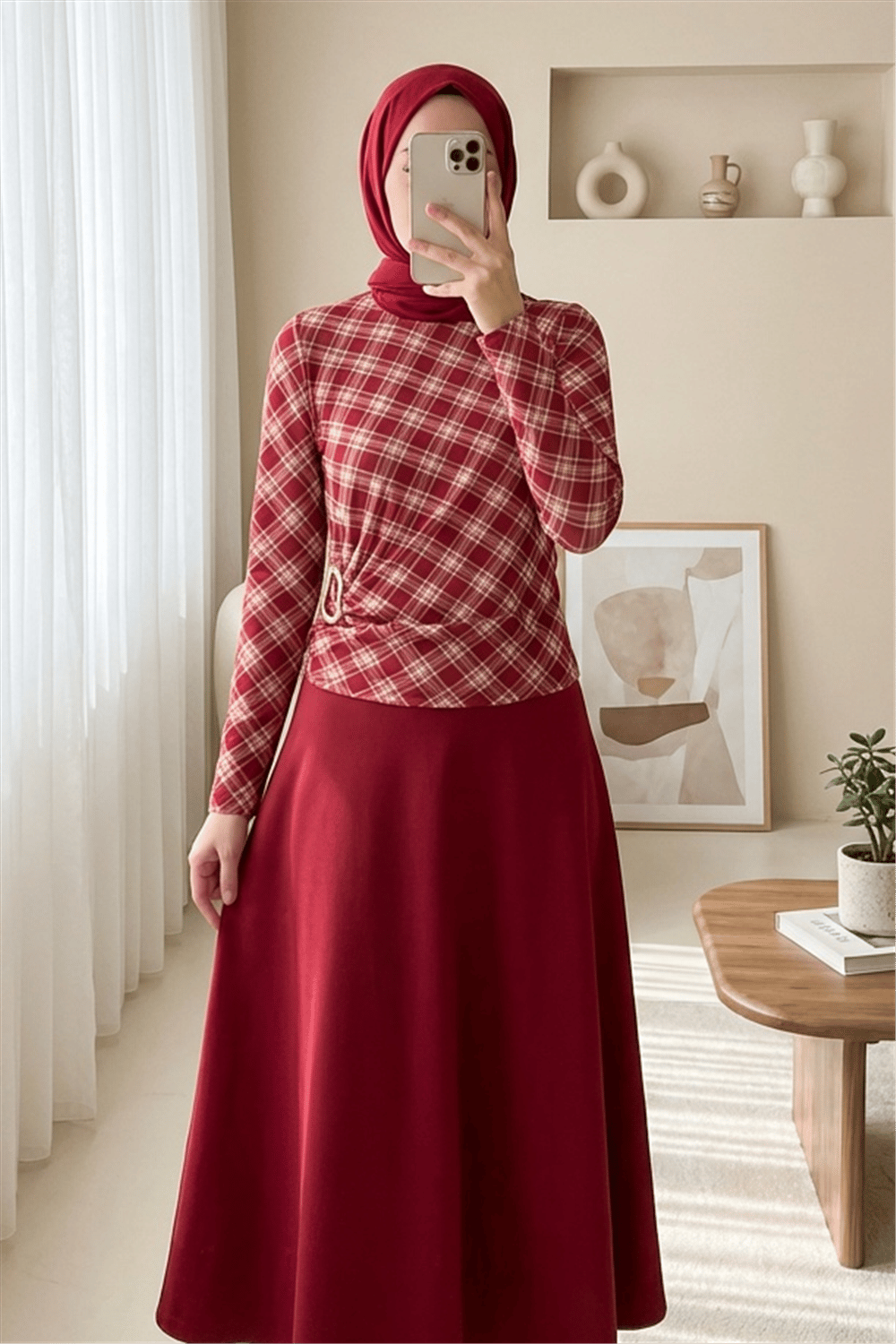 Yanı Tokalı Ekose Desenli Bluz -Bordo-Bluz-246-2821-R04