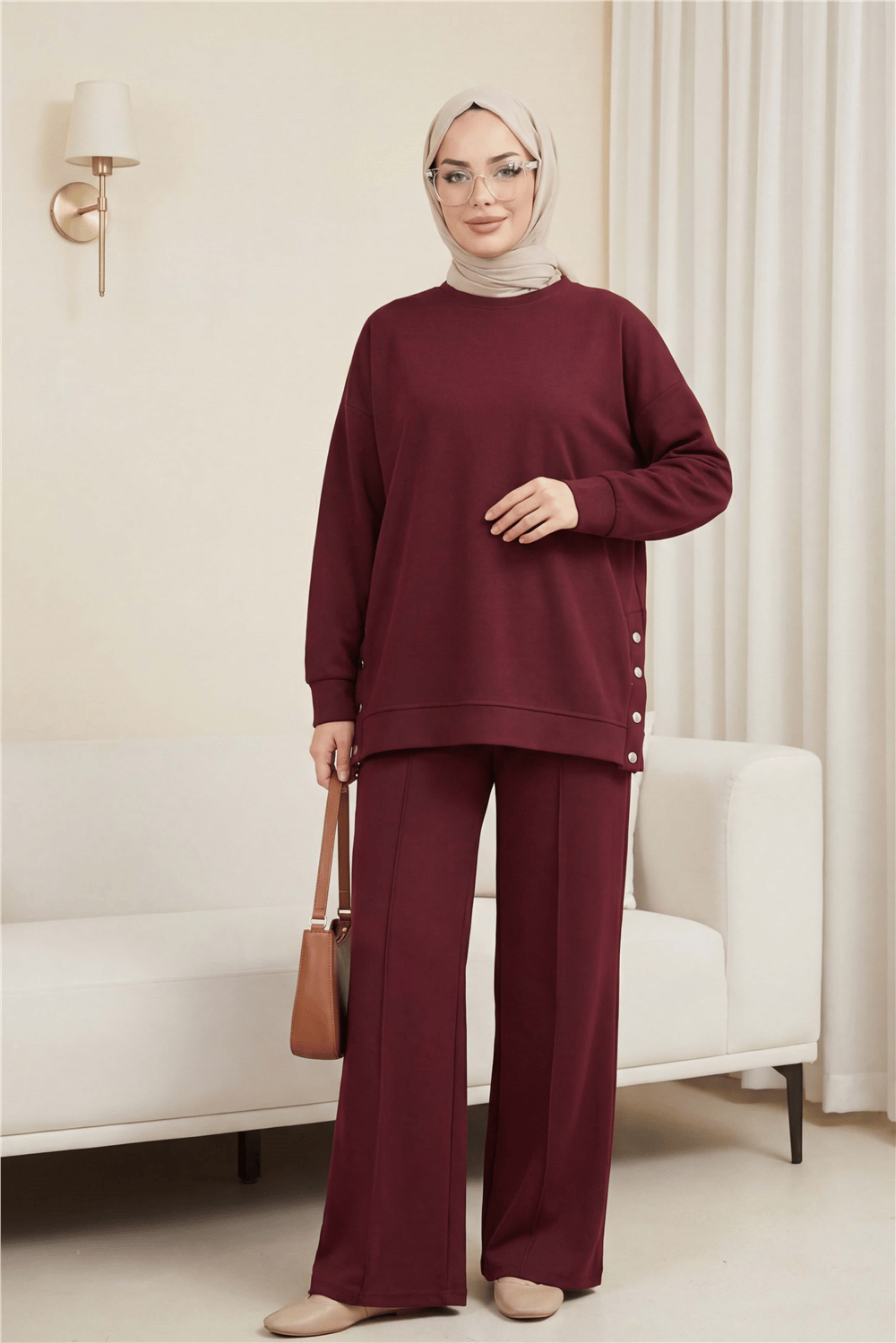 Yanları Çıtçıtlı Çimalı Pantolonlu Oyşo Takım  -Bordo-Takım-436-10060-R04