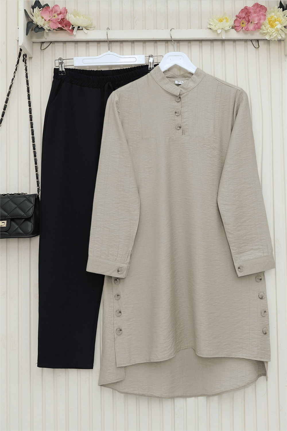 Yanları Düğme Detaylı Hakim Yaka Tunik       -Açık Vizon-Tunik-186-466-R51
