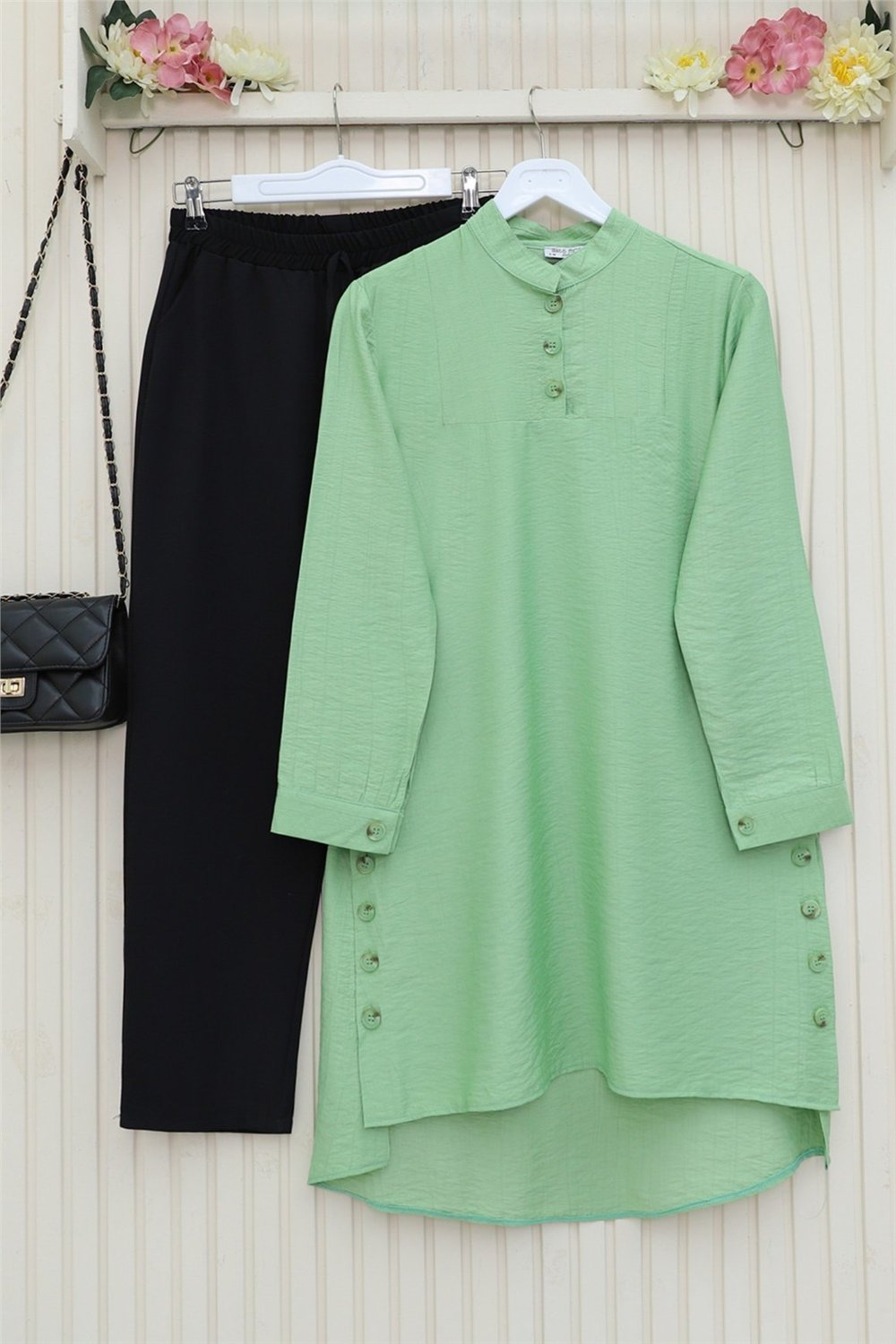 Yanları Düğme Detaylı Hakim Yaka Tunik       -A.Yeşil-Tunik-186-466-R69