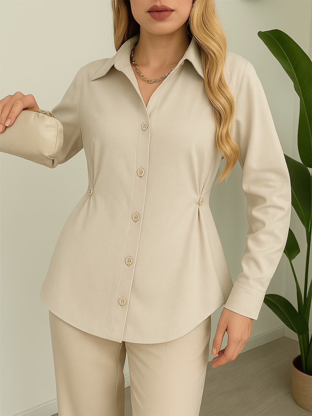 Yanları Düğme Detaylı Poplin Gömlek -Taş-Gömlek-246-1625-R43