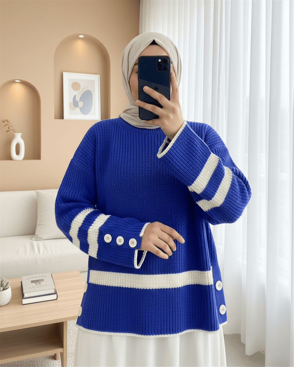 سترة تريكو بنمط محبوك مع أزرار على الجوانب - ساكس-Kazak-385-2832-R10