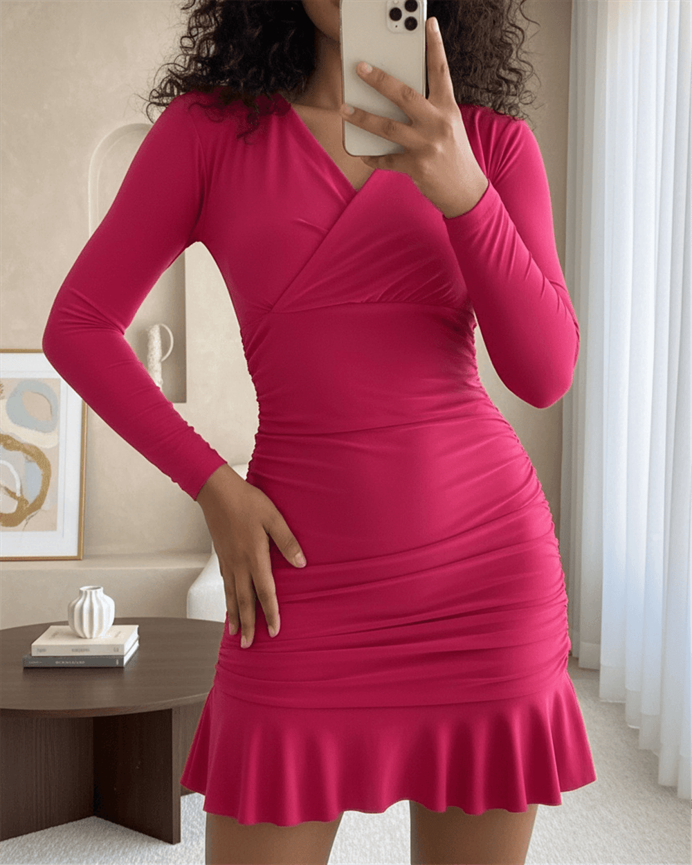 Yanları Lastikli Eteği Volanlı Sandy Mini Elbise -Vişne-Mini Elbise-246-3625-R44