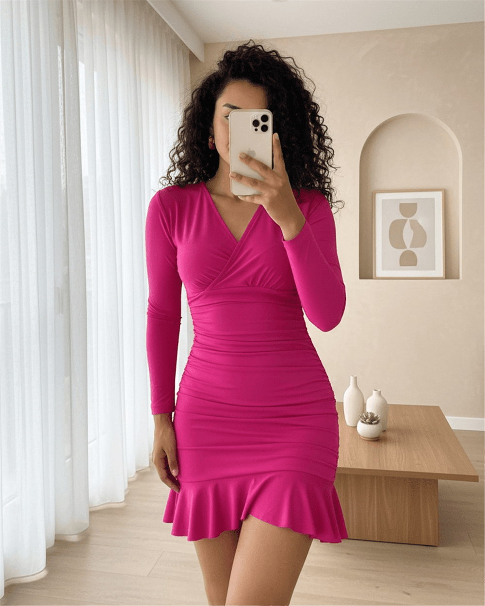 Yanları Lastikli Eteği Volanlı Sandy Mini Elbise -Fuşya-Mini Elbise-246-3625-R14
