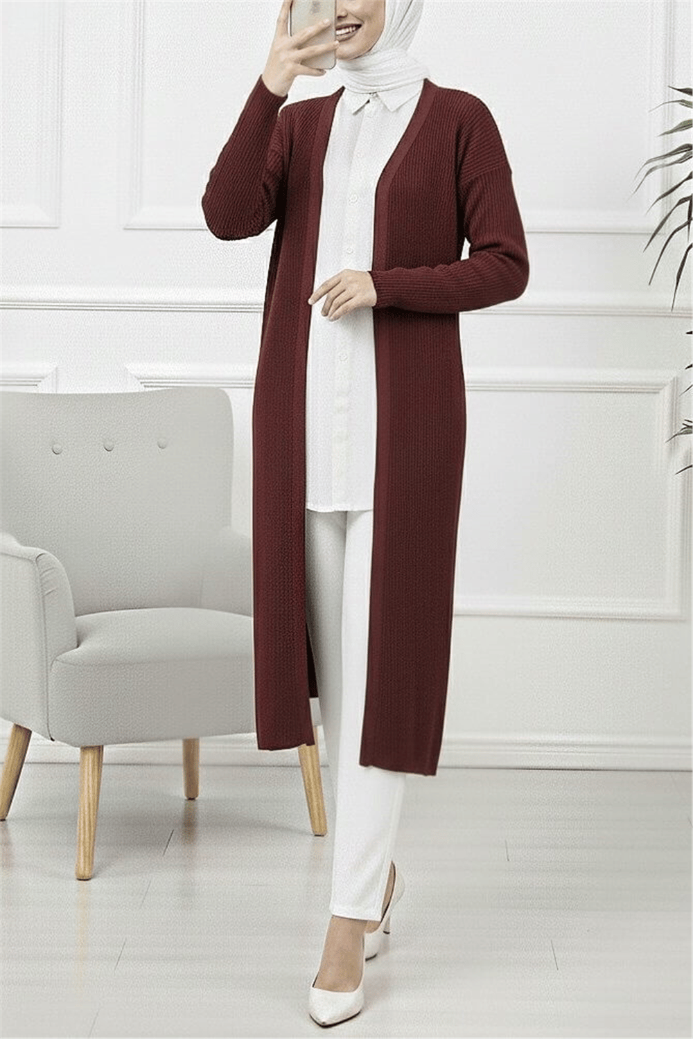 Yanları Yırtmaçlı Fitilli Uzun Triko Hırka  -Bordo-Hırka-109-9738-R04