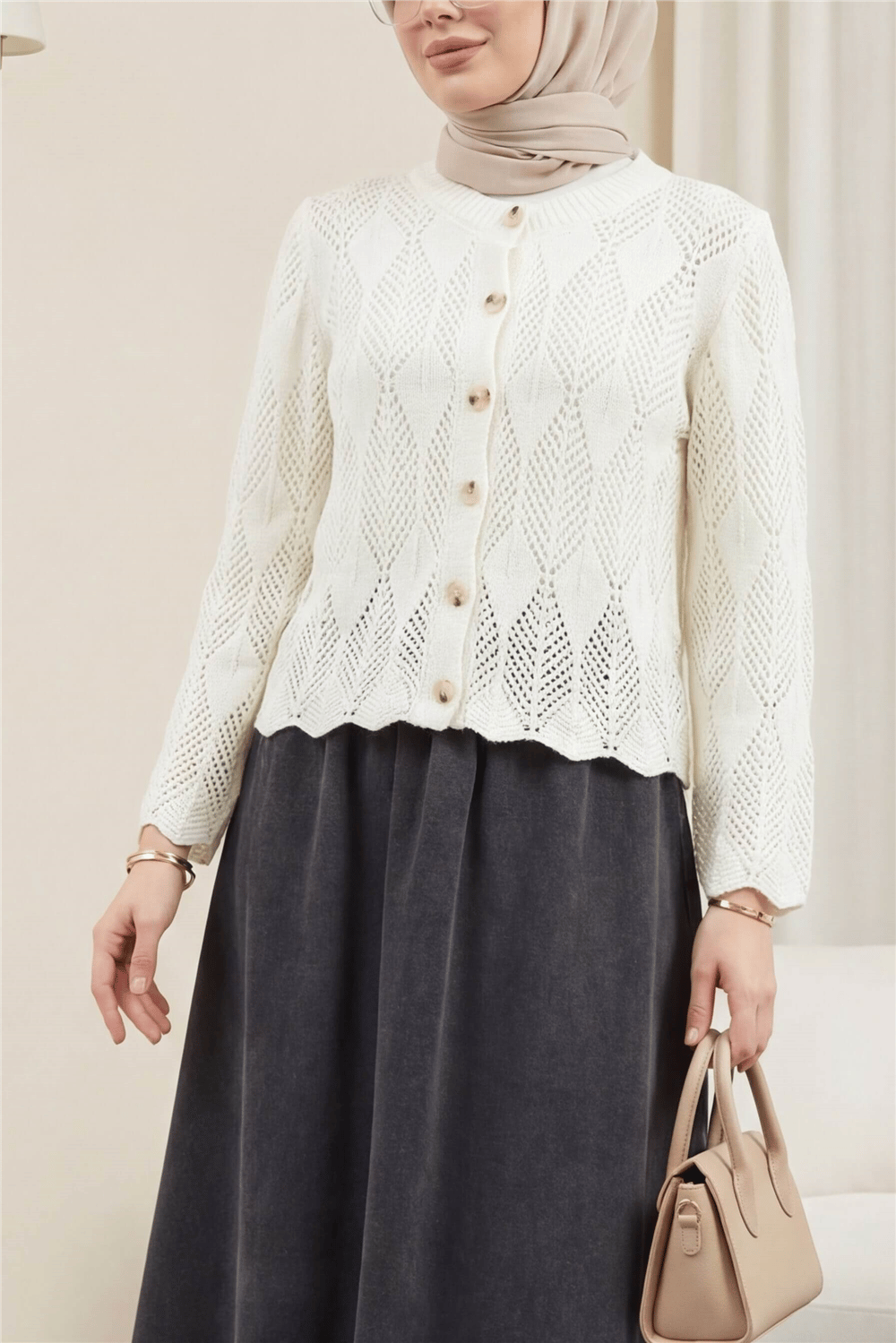 Yaprak Desenli Ajurlu Triko Hırka -Beyaz-Hırka-109-0999-R02