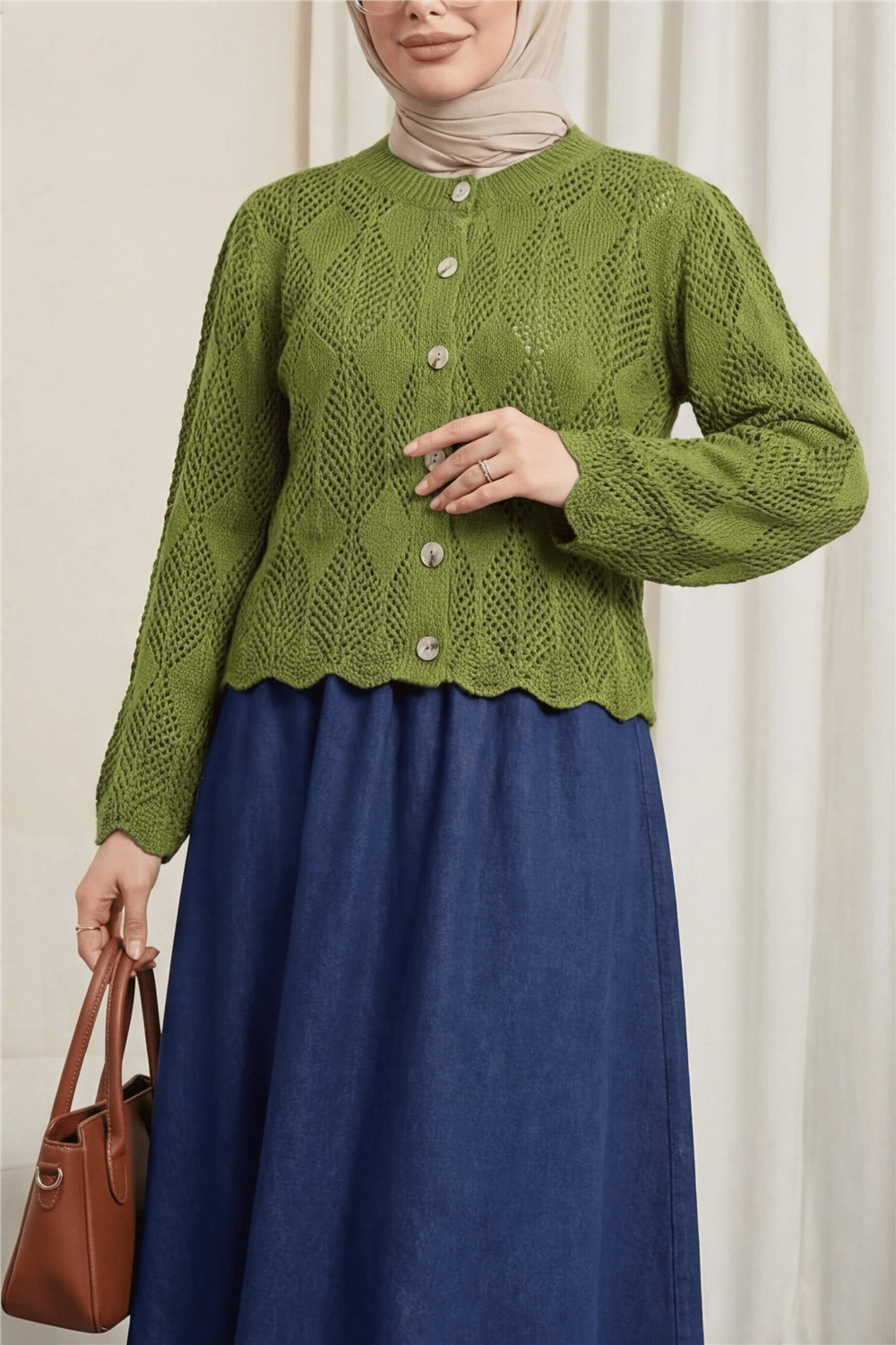 Yaprak Desenli Ajurlu Triko Hırka -F.Yeşili-Hırka-109-0999-R67
