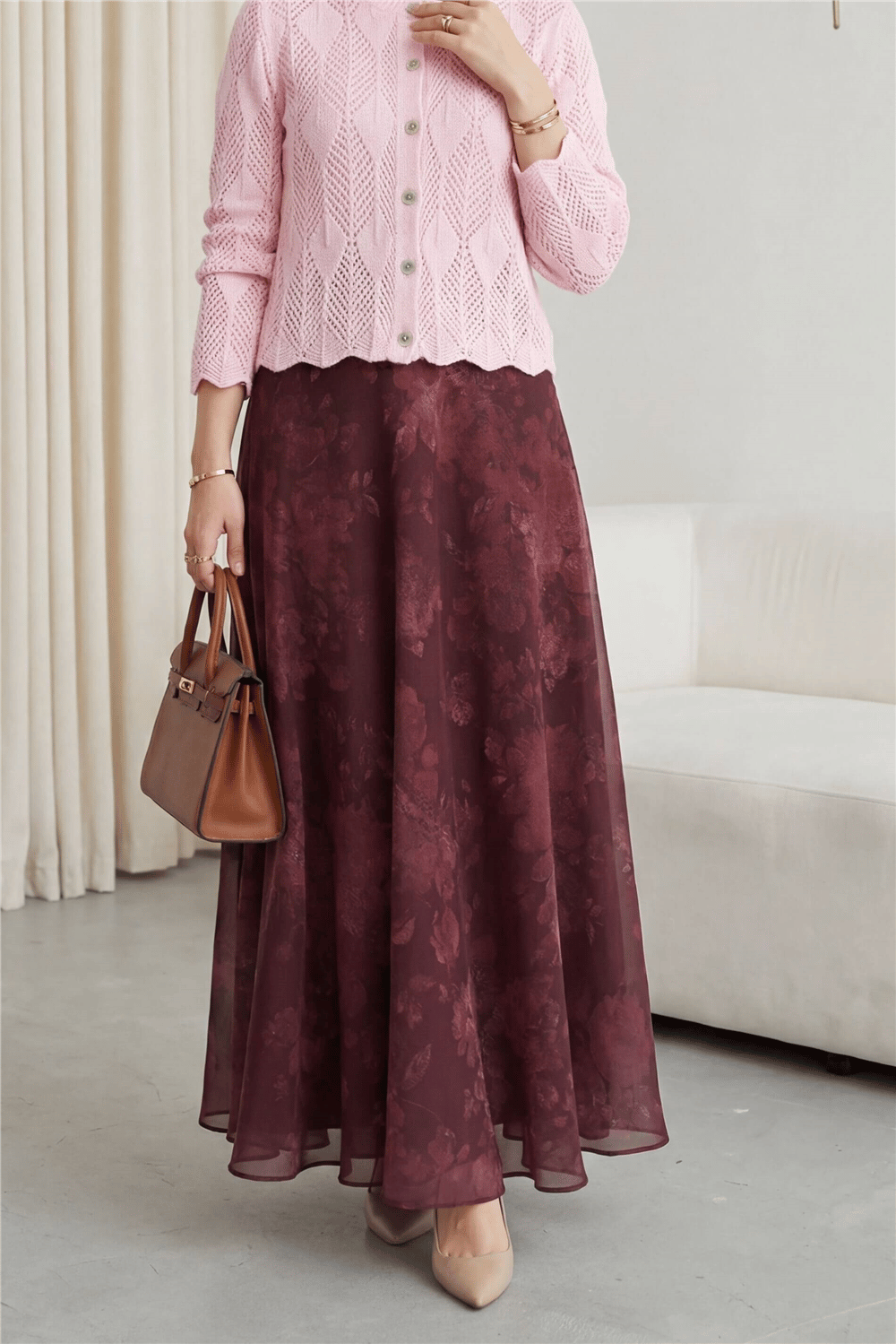 Yaprak Desenli Ajurlu Triko Hırka   -Pembe-Hırka-109-0999-R20