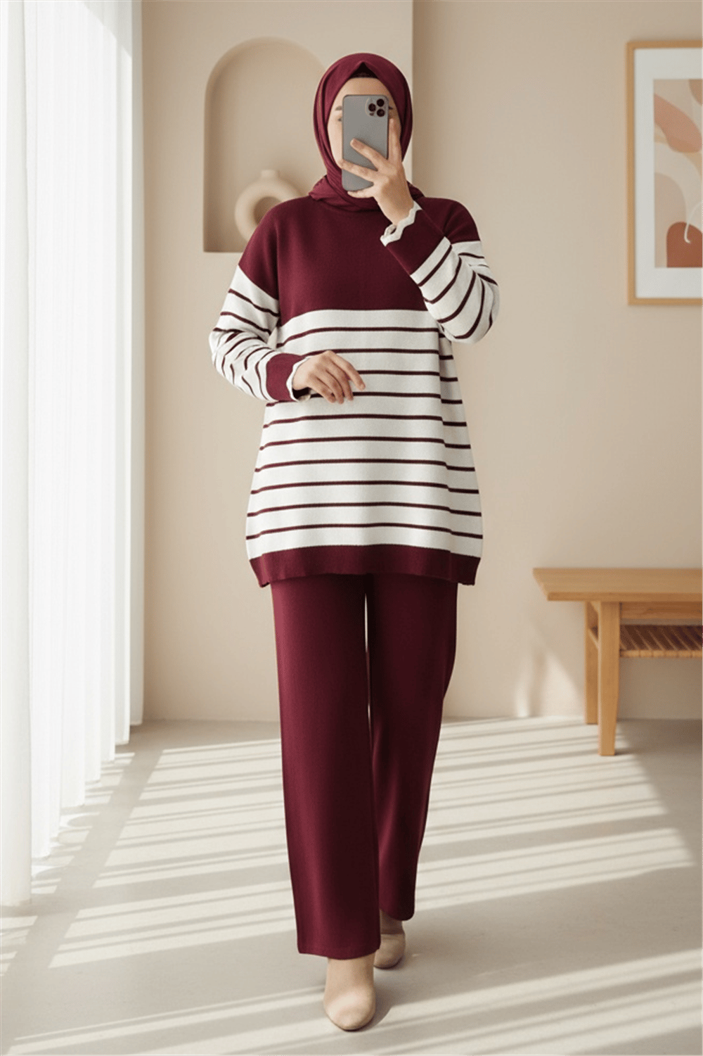 Yarım Boğazlı Çizgili Triko Takım -Bordo-Takım-295-4524-R04
