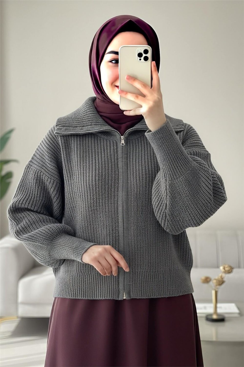 Yarım Boğazlı Fermuarlı Triko Hırka -Füme-Hırka-109-0887-R18