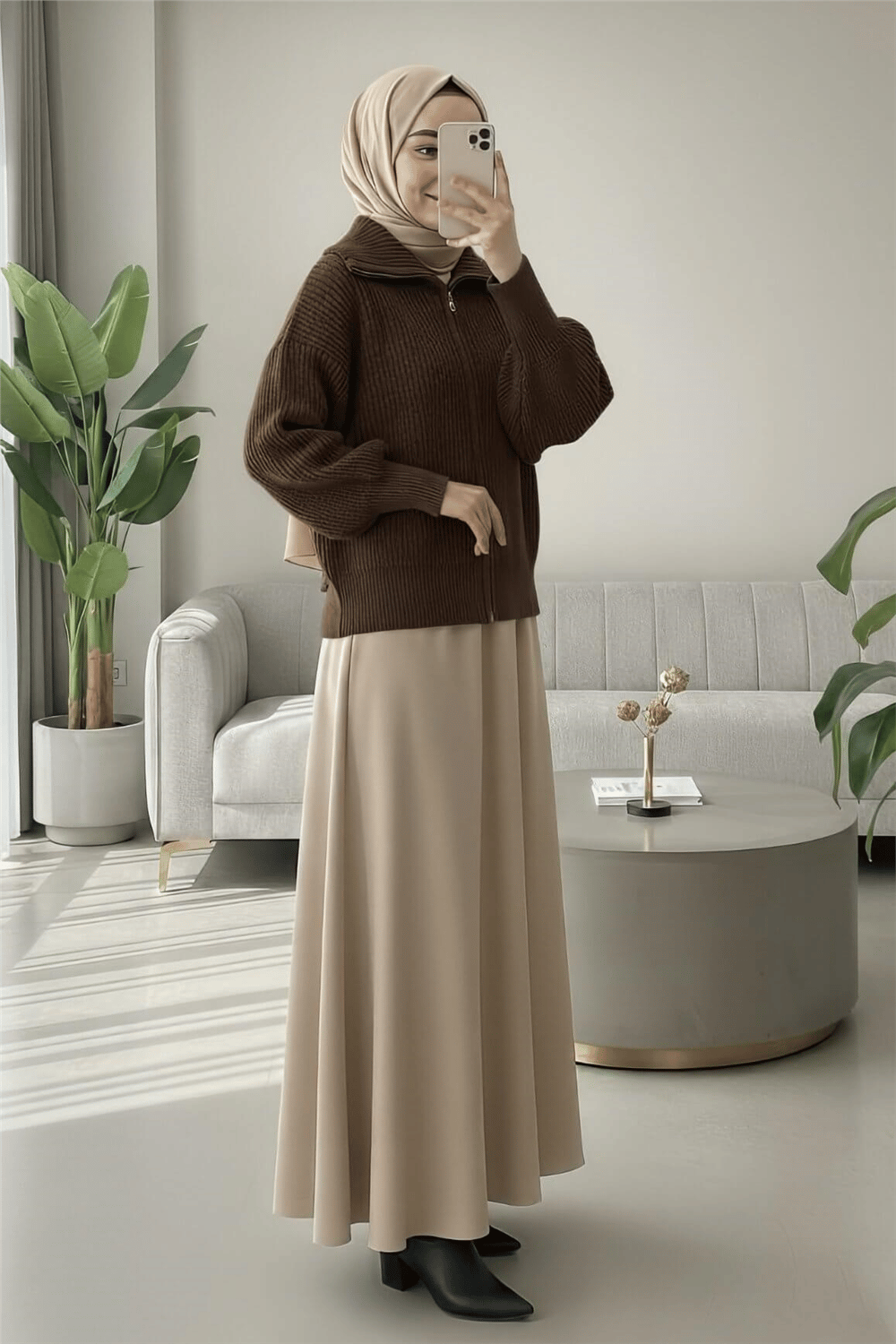 Yarım Boğazlı Fermuarlı Triko Hırka -Kahve-Hırka-109-0887-R15