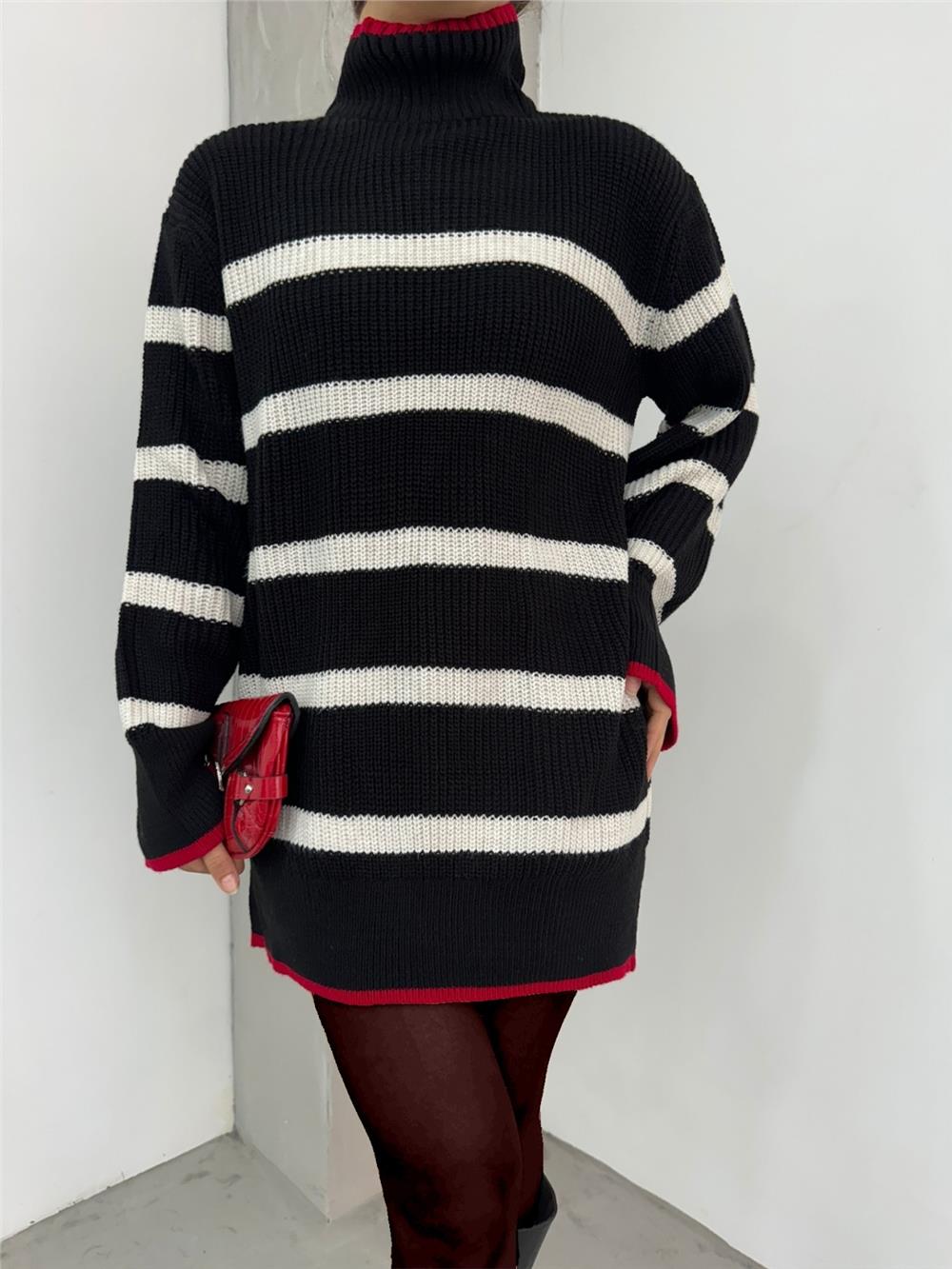 Yarım Boğazlı Örgü Desen Triko Tunik -Siyah-357-5144-R01