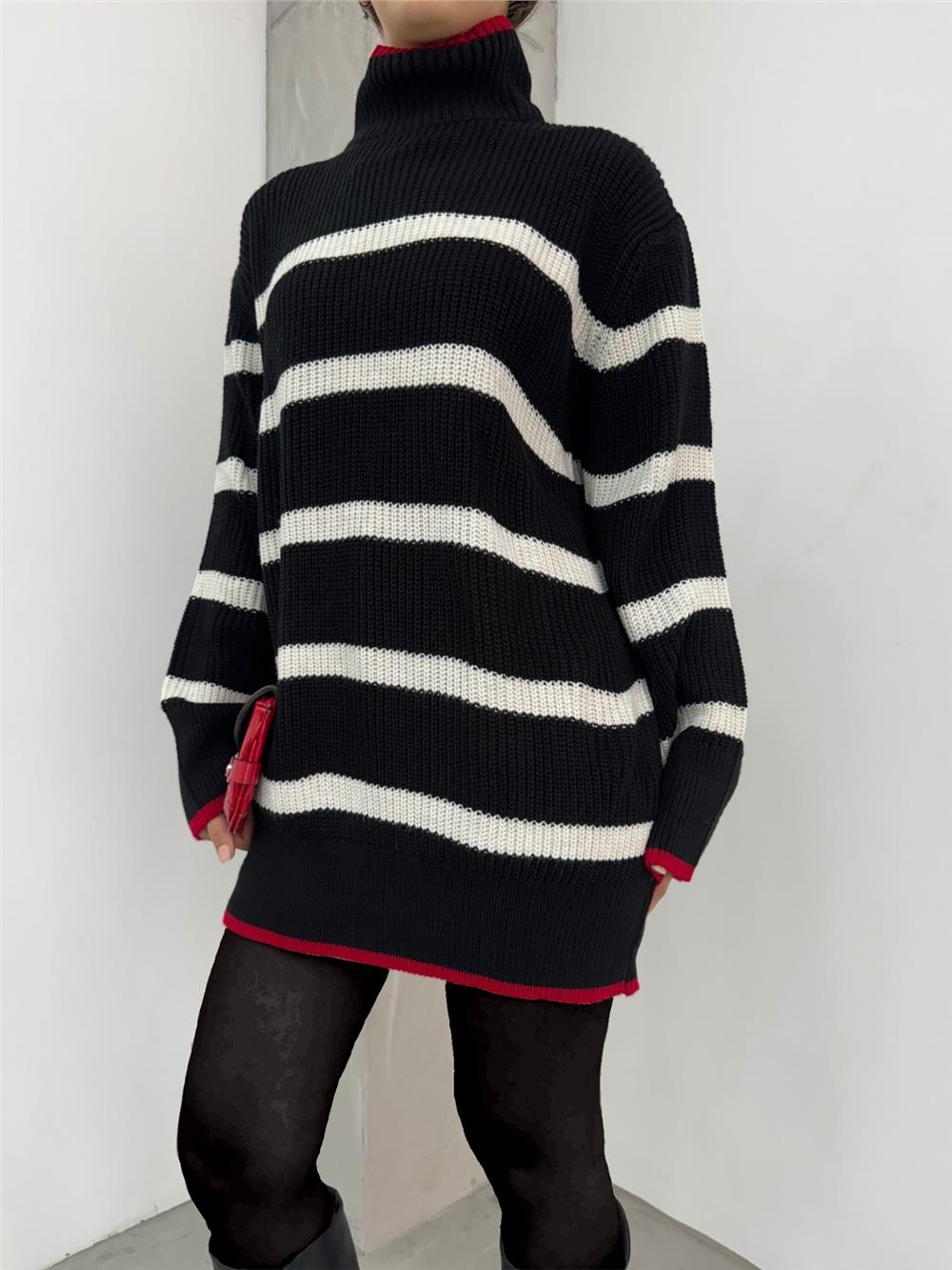 Yarım Boğazlı Örgü Desen Triko Tunik -Siyah-357-5144-R01