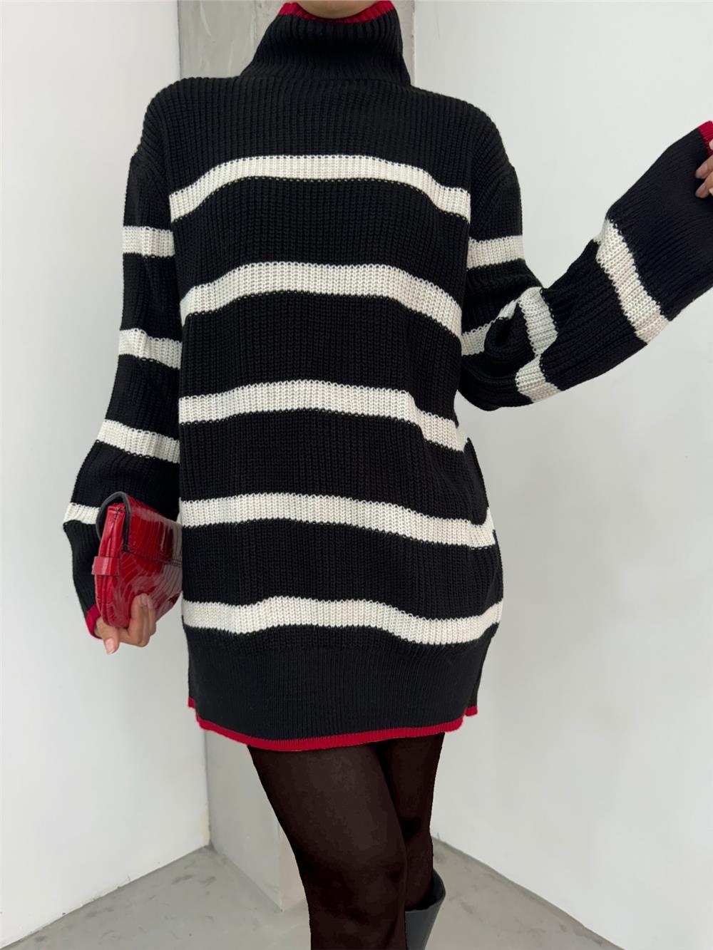 Yarım Boğazlı Örgü Desen Triko Tunik -Siyah-357-5144-R01