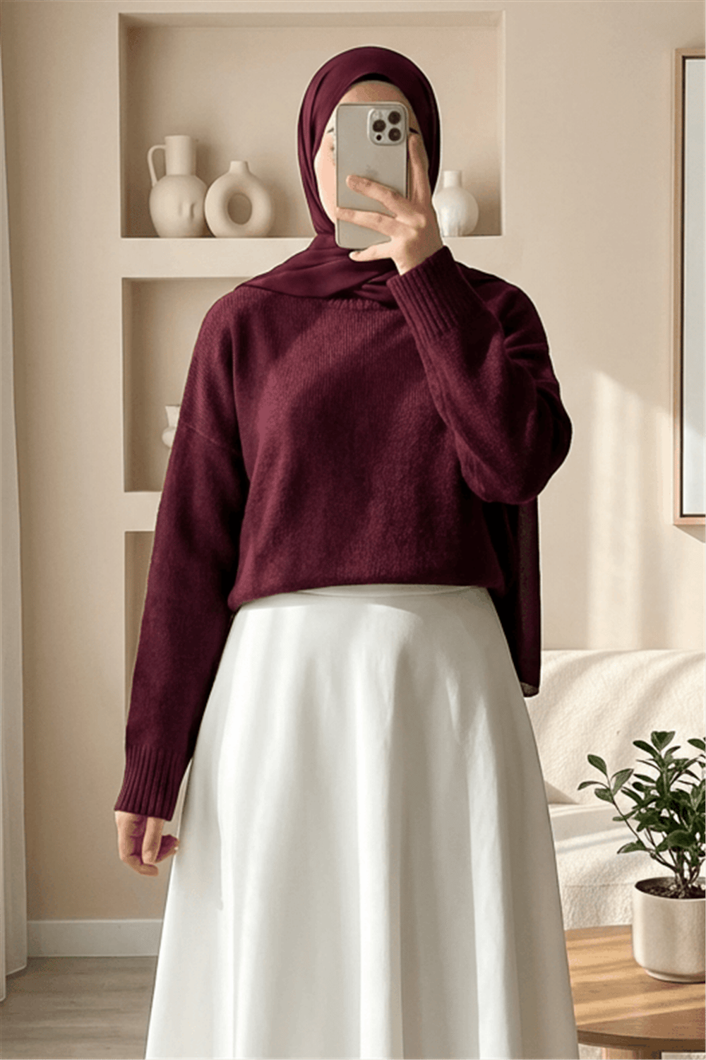 Yarım Boğazlı Salaş Triko Kazak -Bordo-Kazak-109-0823-R04