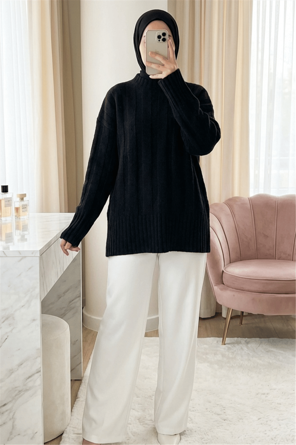 Yarım Boğazlı Şerit Desenli Yumoş Triko Kazak -Siyah-Kazak-109-0953-R01