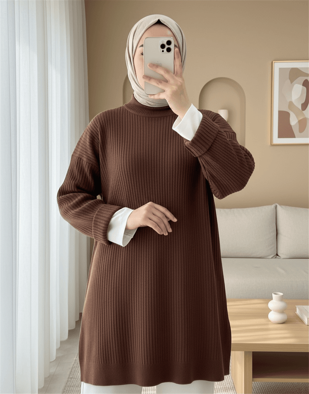 Yarım Boğazlı Yırtmaçlı Triko Tunik  -Kahve-Triko Tunik-109-9579-R15