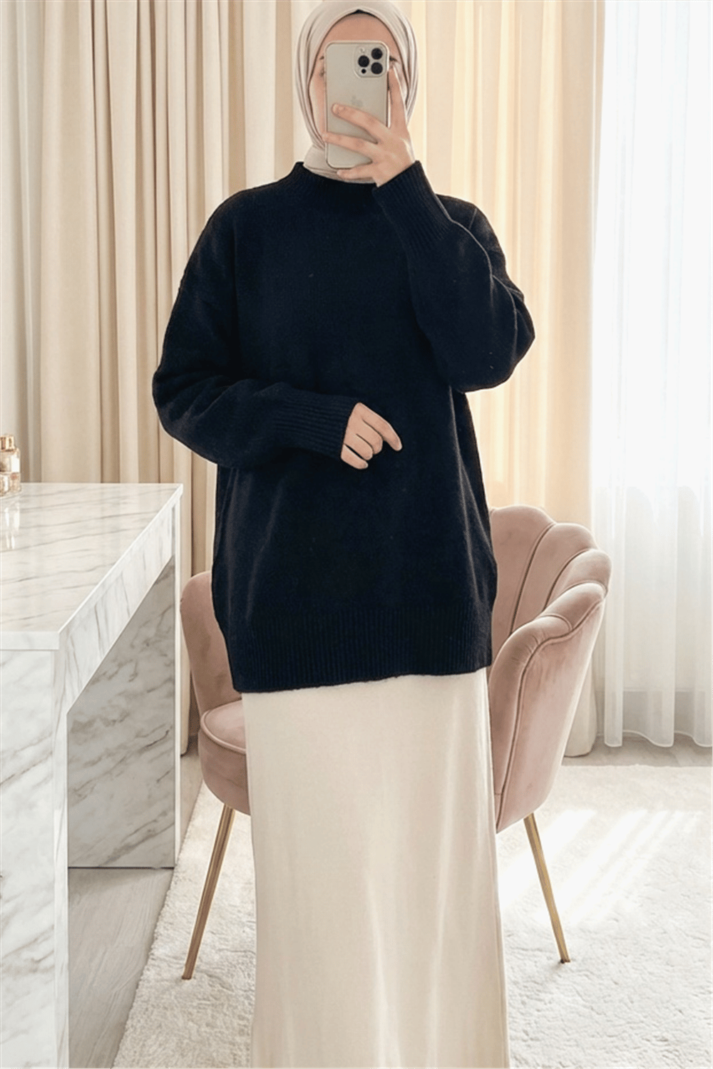 Yarım Boğazlı Yumoş Salaş Triko Kazak -Siyah-Kazak-109-0965-R01