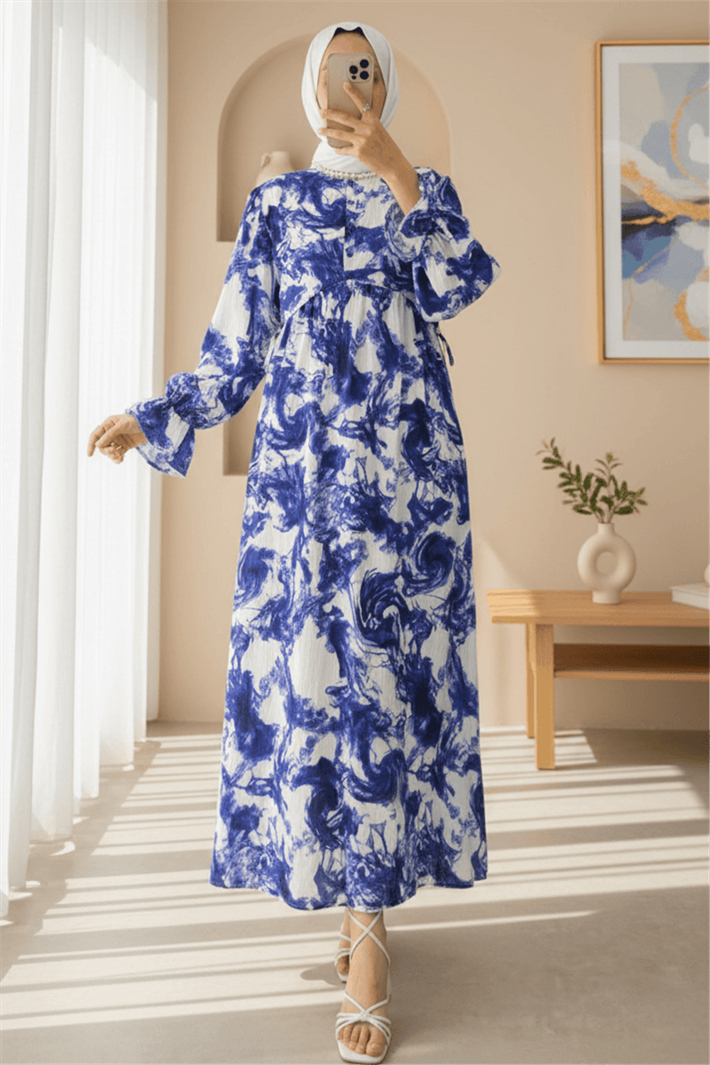 Yarım Düğmeli Beli Bağcıklı Desenli Elbise  -Saks-Elbise-307-2328-R10