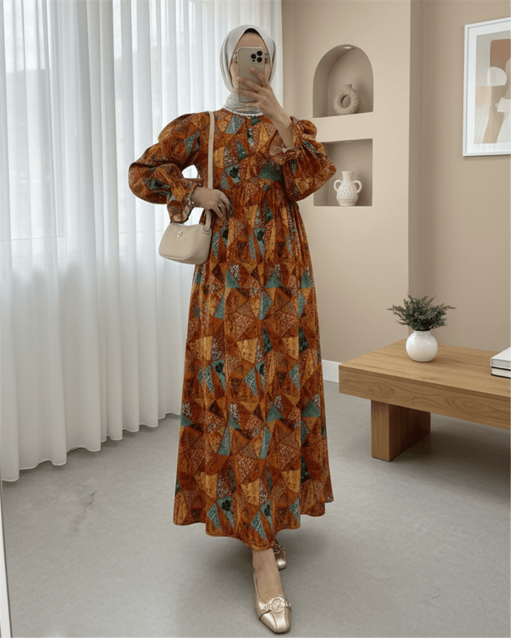 Yarım Düğmeli Beli Bağcıklı Desenli Elbise  -Turuncu-Elbise-307-2328-R16