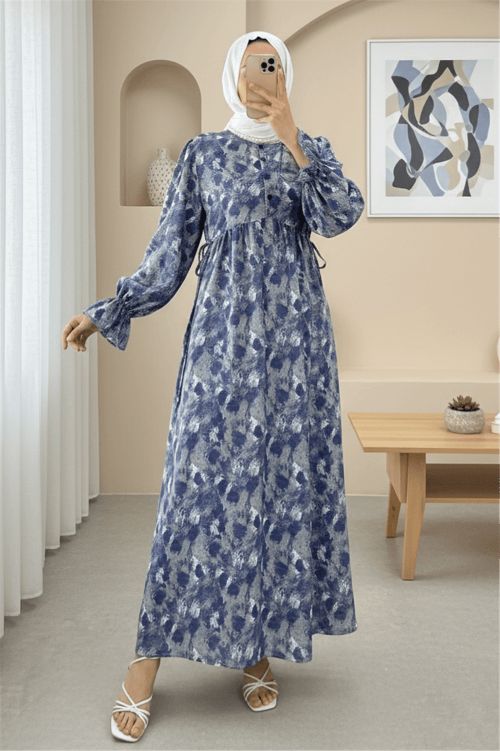 Yarım Düğmeli Beli Bağcıklı Desenli Elbise  -İndigo-Elbise-307-2328-R21