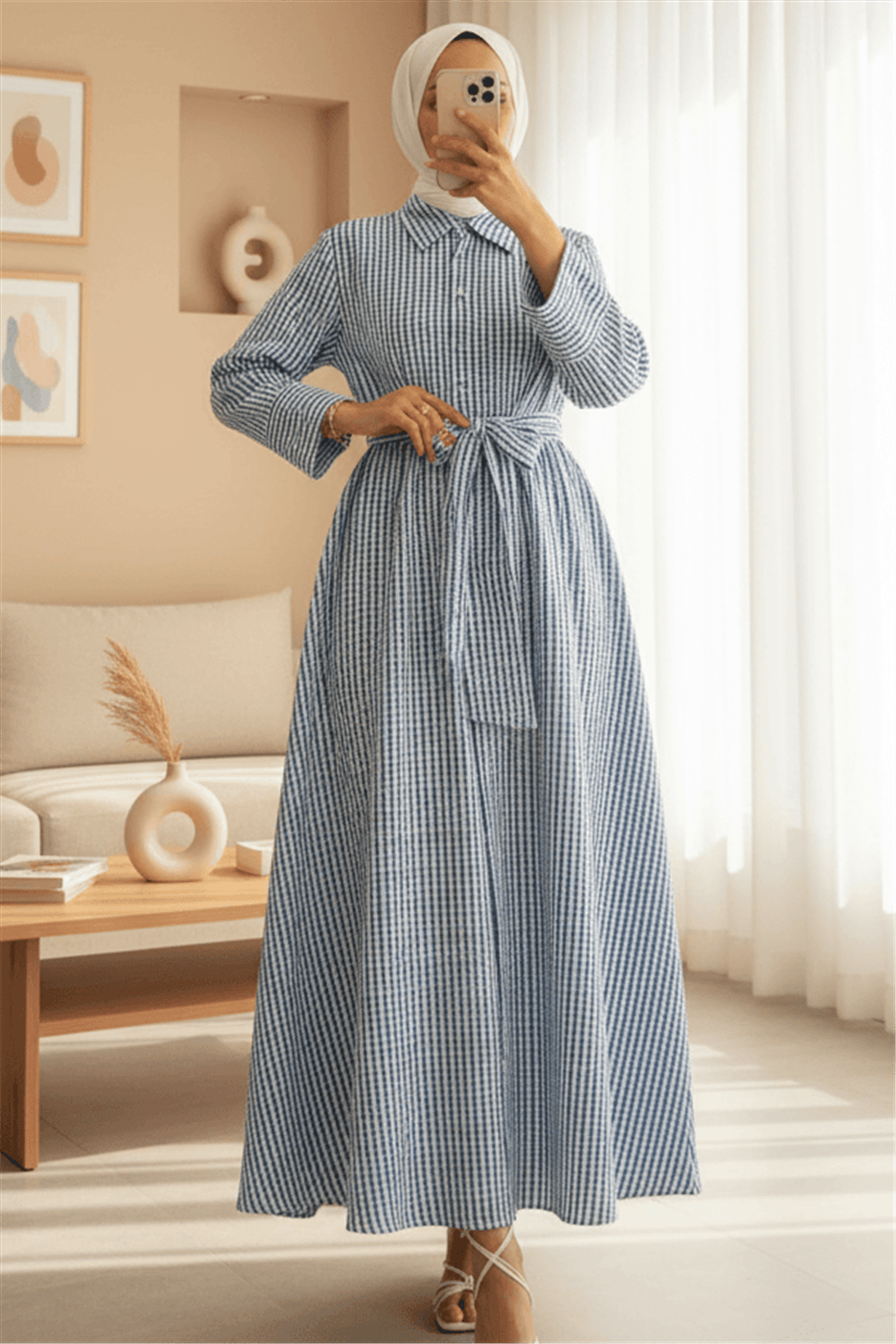 Yarım Düğmeli Beli Bağlamalı Çizgili Elbise -Mavi-Elbise-307-2302-R31