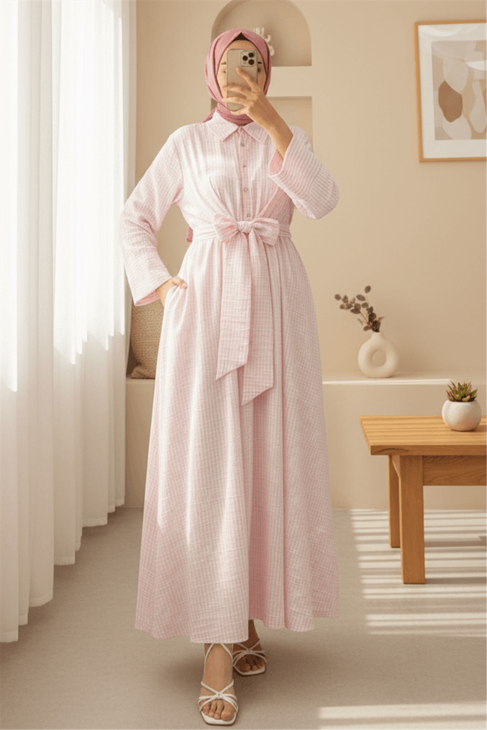 Yarım Düğmeli Beli Bağlamalı Çizgili Elbise -Pudra-Elbise-307-2302-R06