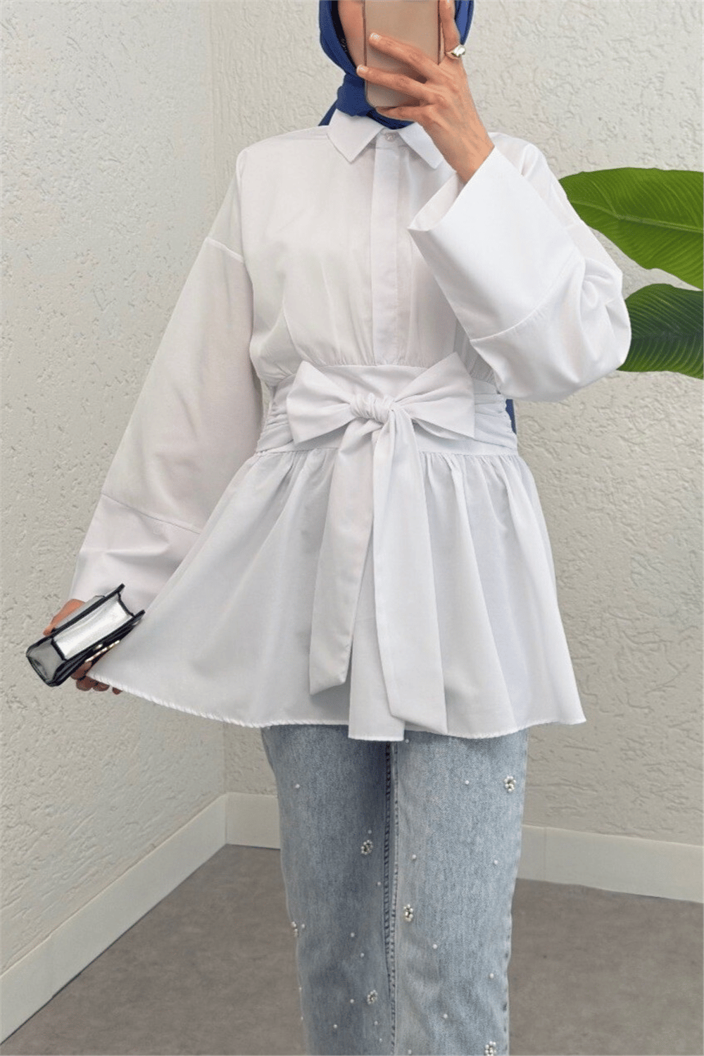 Yarım Düğmeli Beli Bağlamalı Yanı Fermuarlı Tunik -Beyaz-Tunik-120-1613-R02