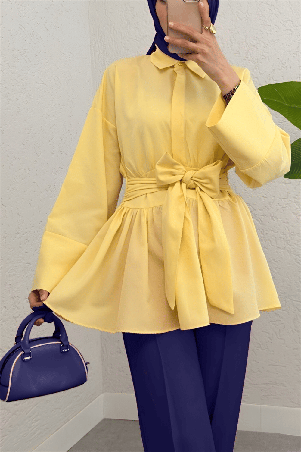 Yarım Düğmeli Beli Bağlamalı Yanı Fermuarlı Tunik -Sarı-Tunik-120-1613-R22