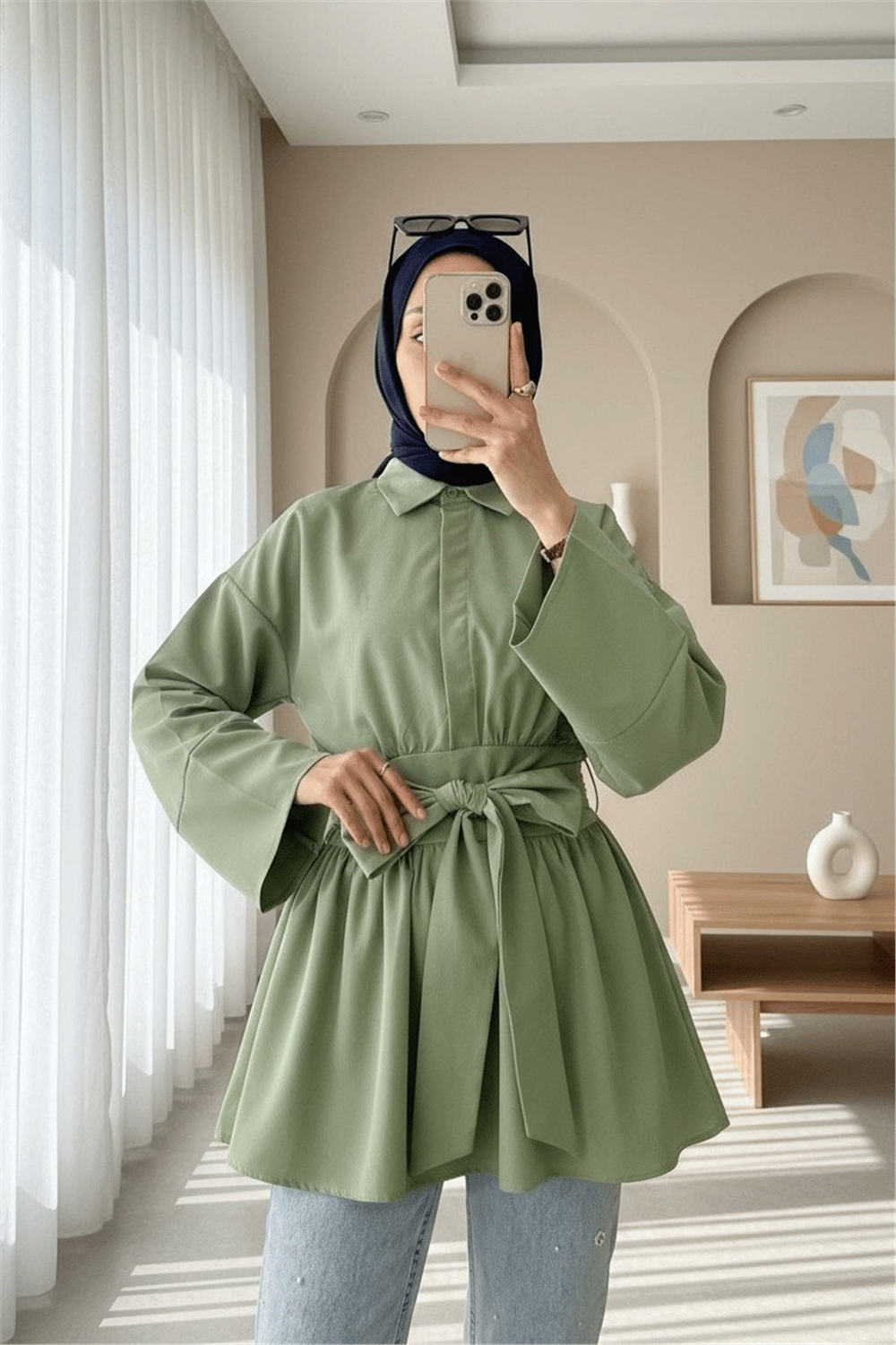 Yarım Düğmeli Beli Bağlamalı Yanı Fermuarlı Tunik   -Çağla Y.-Tunik-120-1613-R70