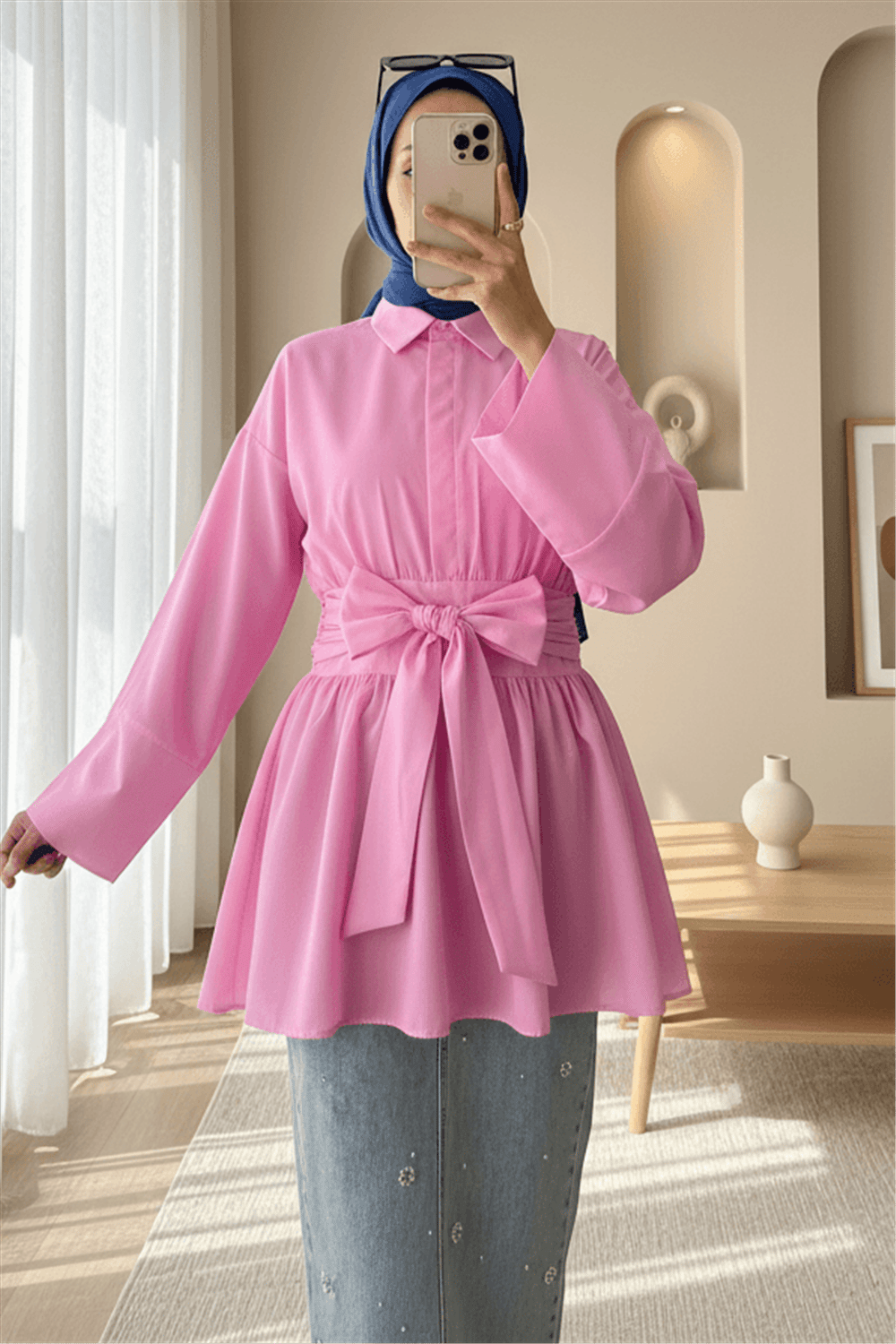 Yarım Düğmeli Beli Bağlamalı Yanı Fermuarlı Tunik  -Pembe-Tunik-120-1613-R20