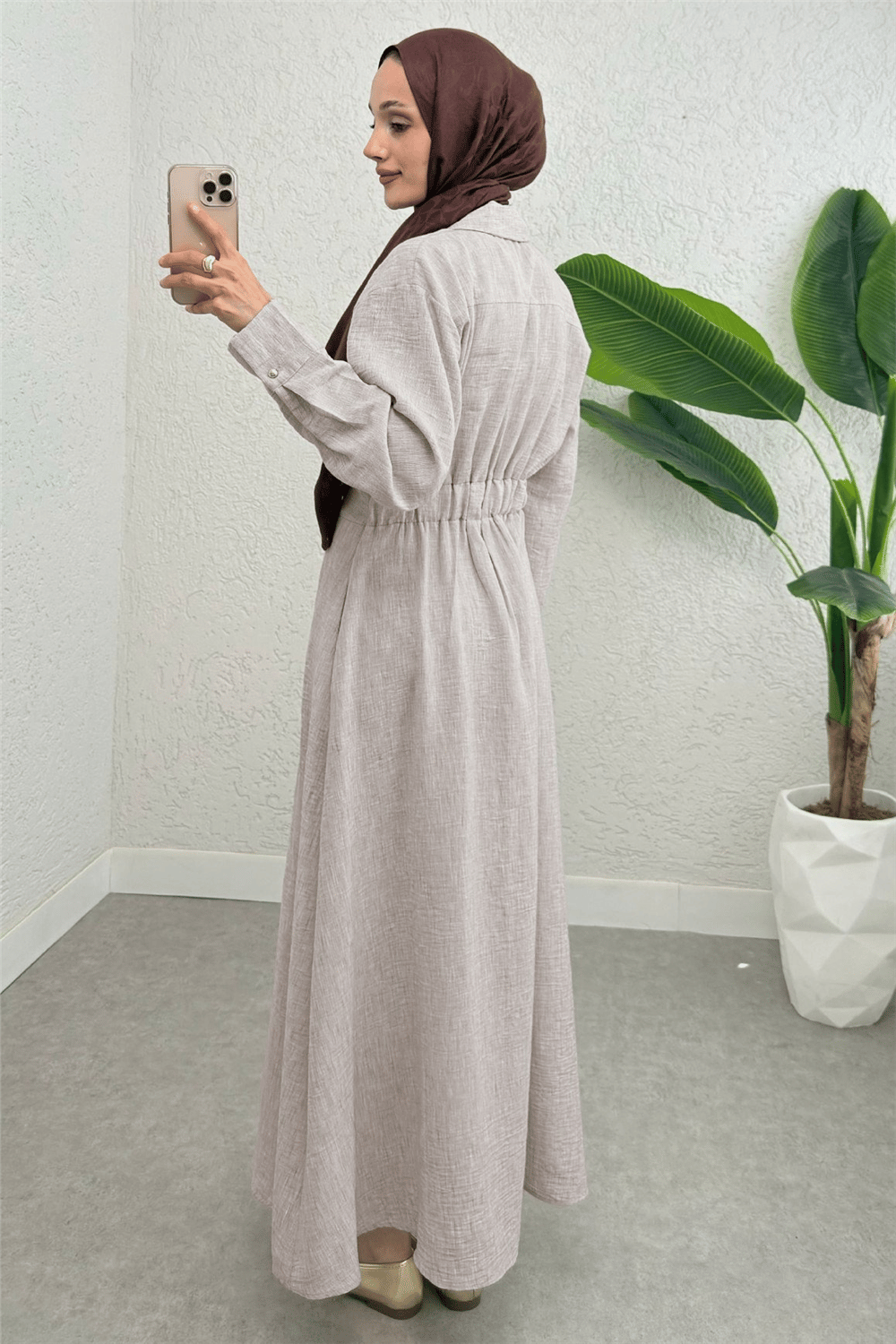 Yarım Düğmeli Beli Lastikli Keten Elbise  -Taş-Elbise-307-2292-R43