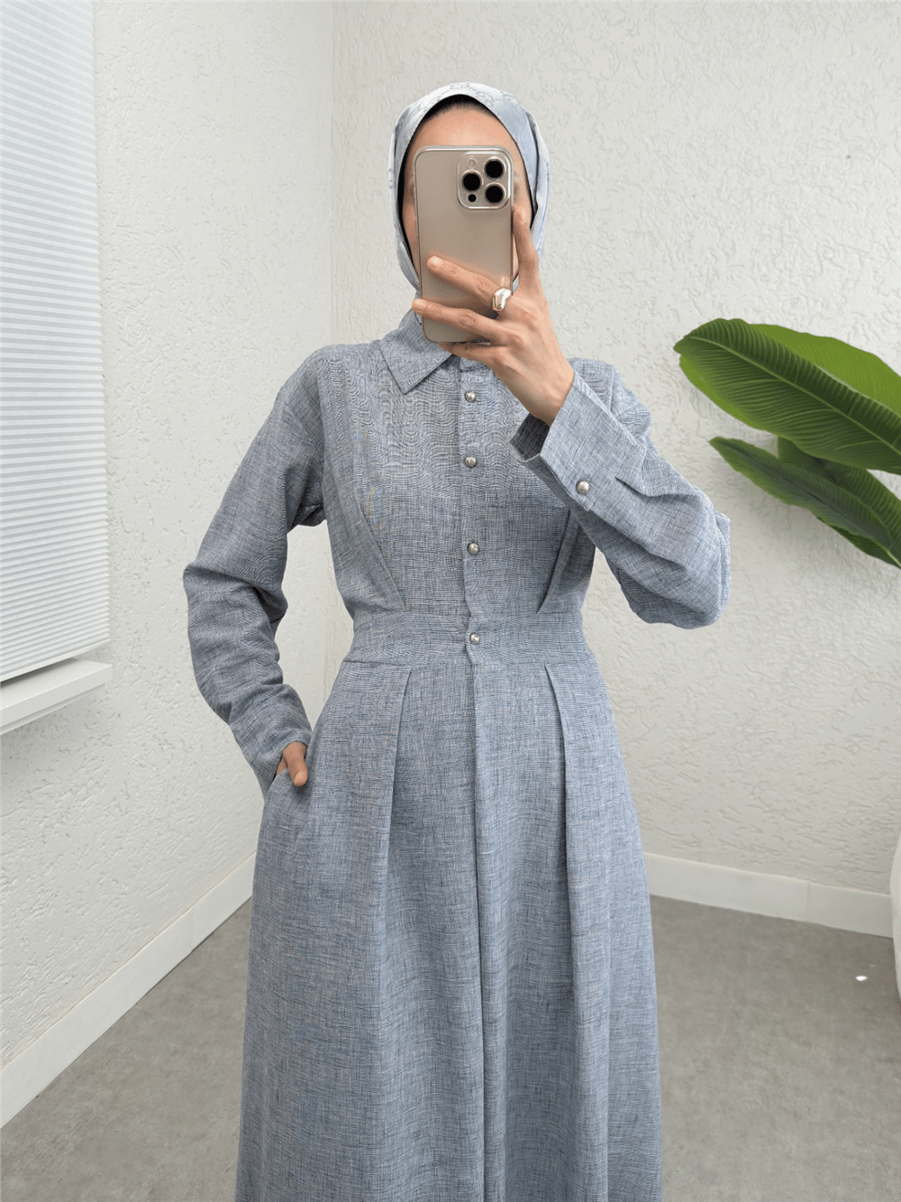 Yarım Düğmeli Beli Lastikli Keten Elbise  -Buz Mavi-Elbise-307-2292-R37