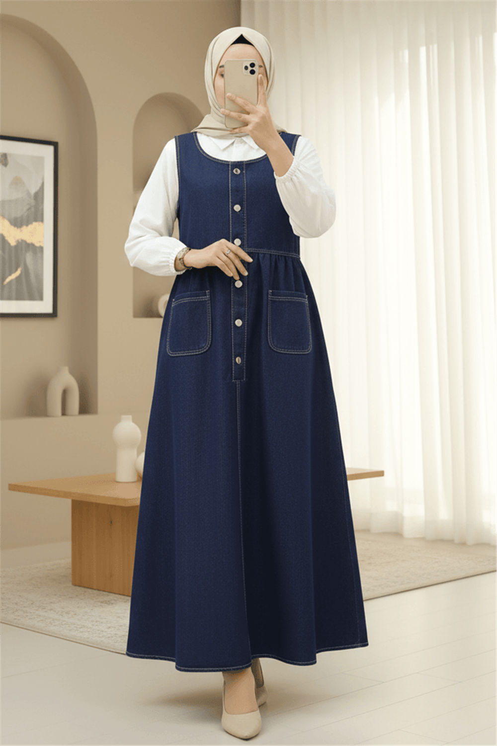 Yarım Düğmeli Çift Cepli Sıfır Kol Kot Elbise -Laci-Elbise-197-6125-R03