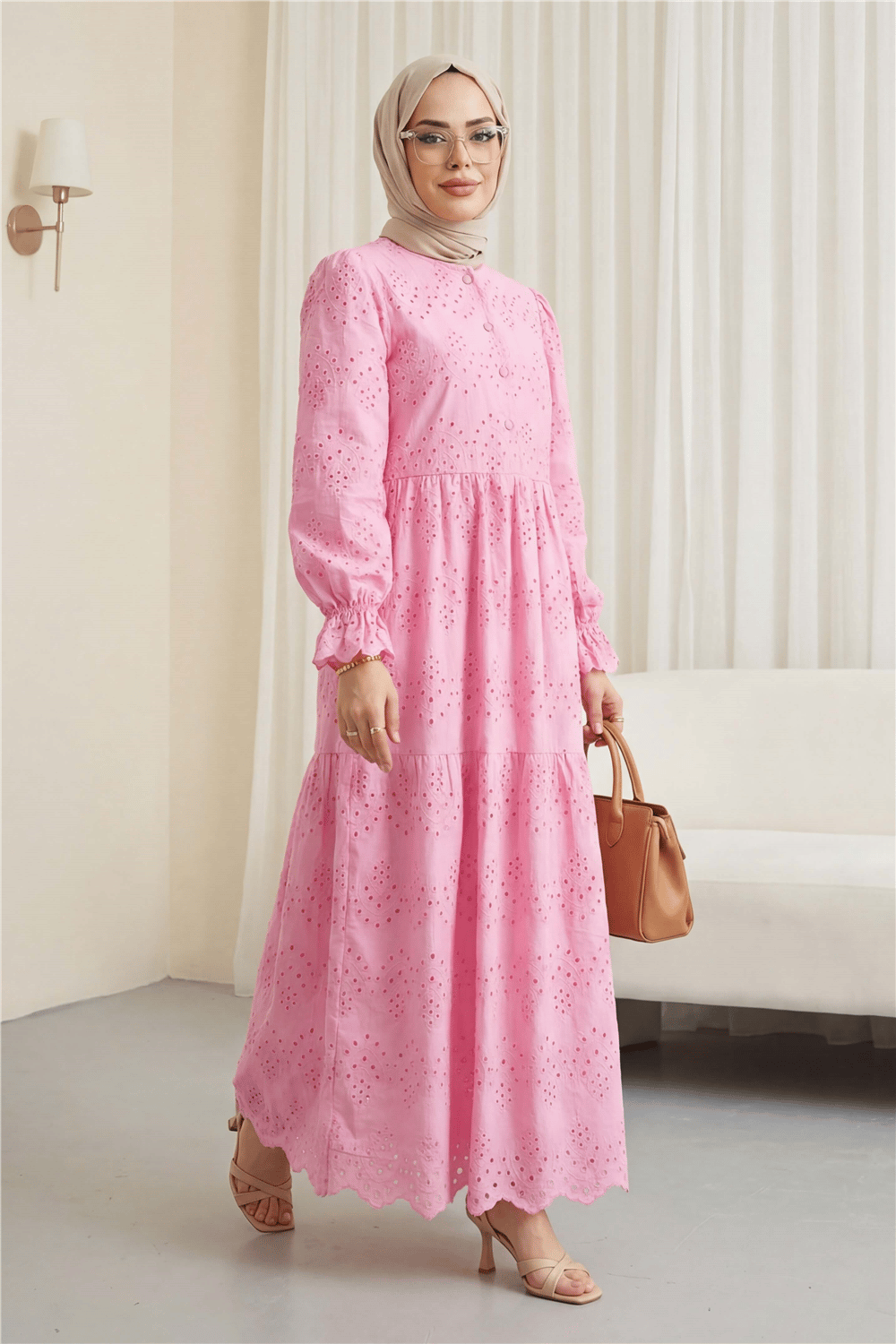 Yarım Düğmeli Dantel Detaylı Robadan Elbise -Pembe-Elbise-144-1431-R20