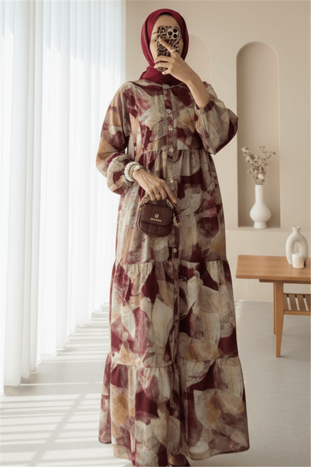 Yarım Düğmeli Kolu Lastikli Desenli Elbise -Bordo-Elbise-197-67862-R04