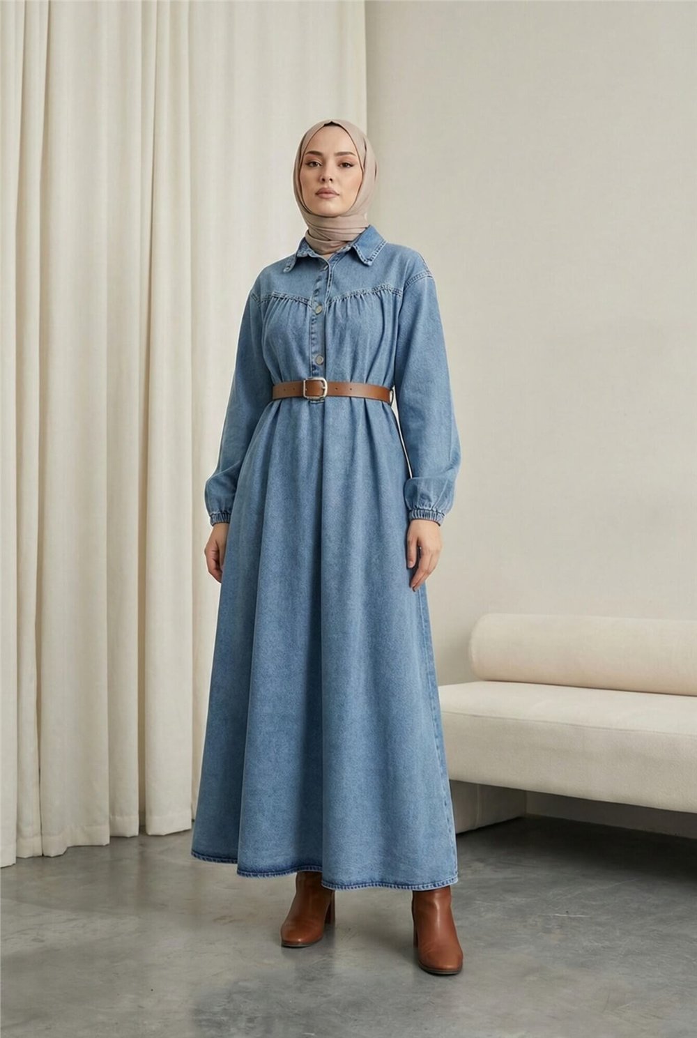 Yarım Düğmeli Kolu Lastikli Kemerli Kot Elbise -Buz Mavi-Elbise-197-6140-R37
