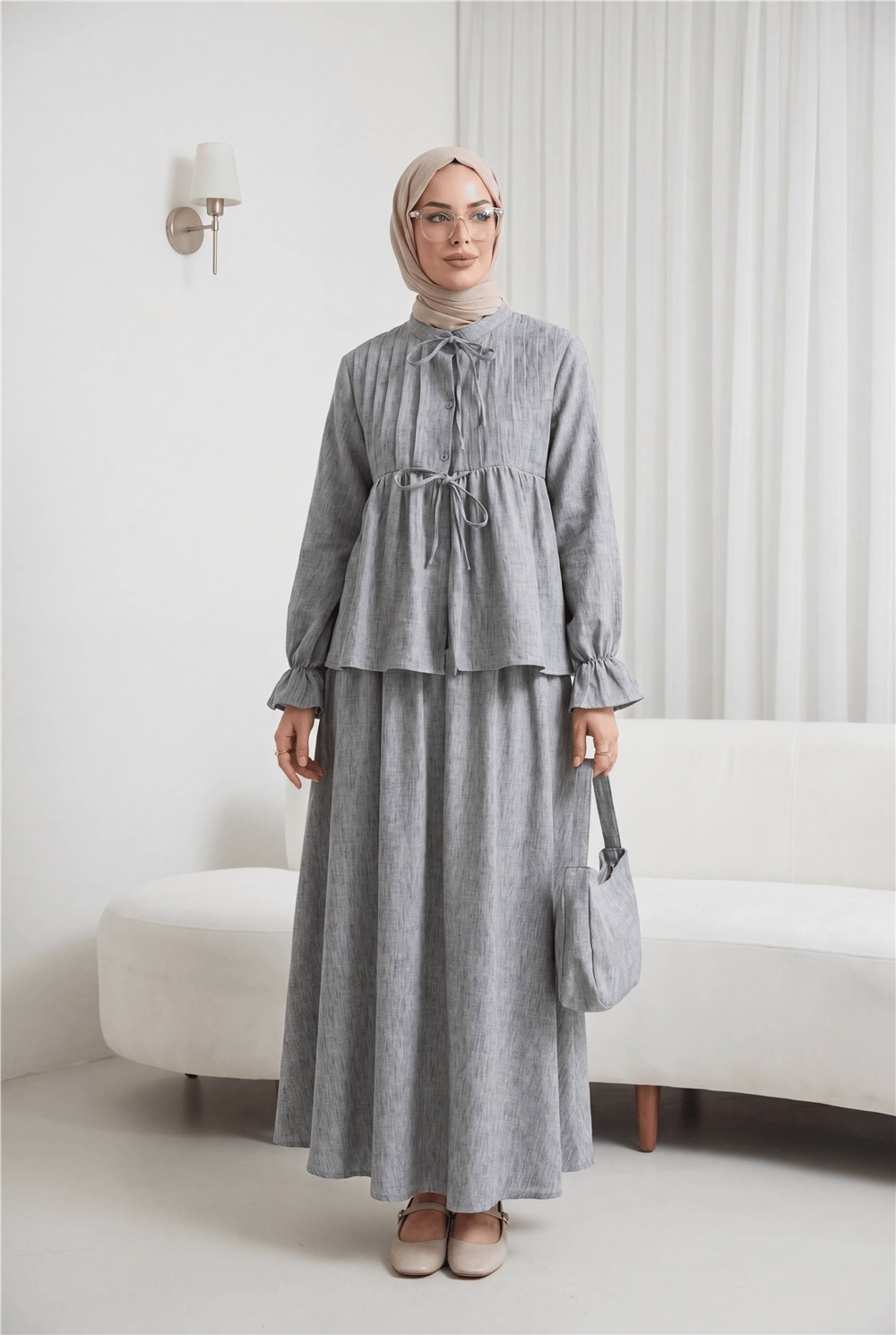 Yarım Düğmeli Kolu Lastikli Önü Bağlamalı Etekli Keten Takım -Füme-Takım-349-8070-R18