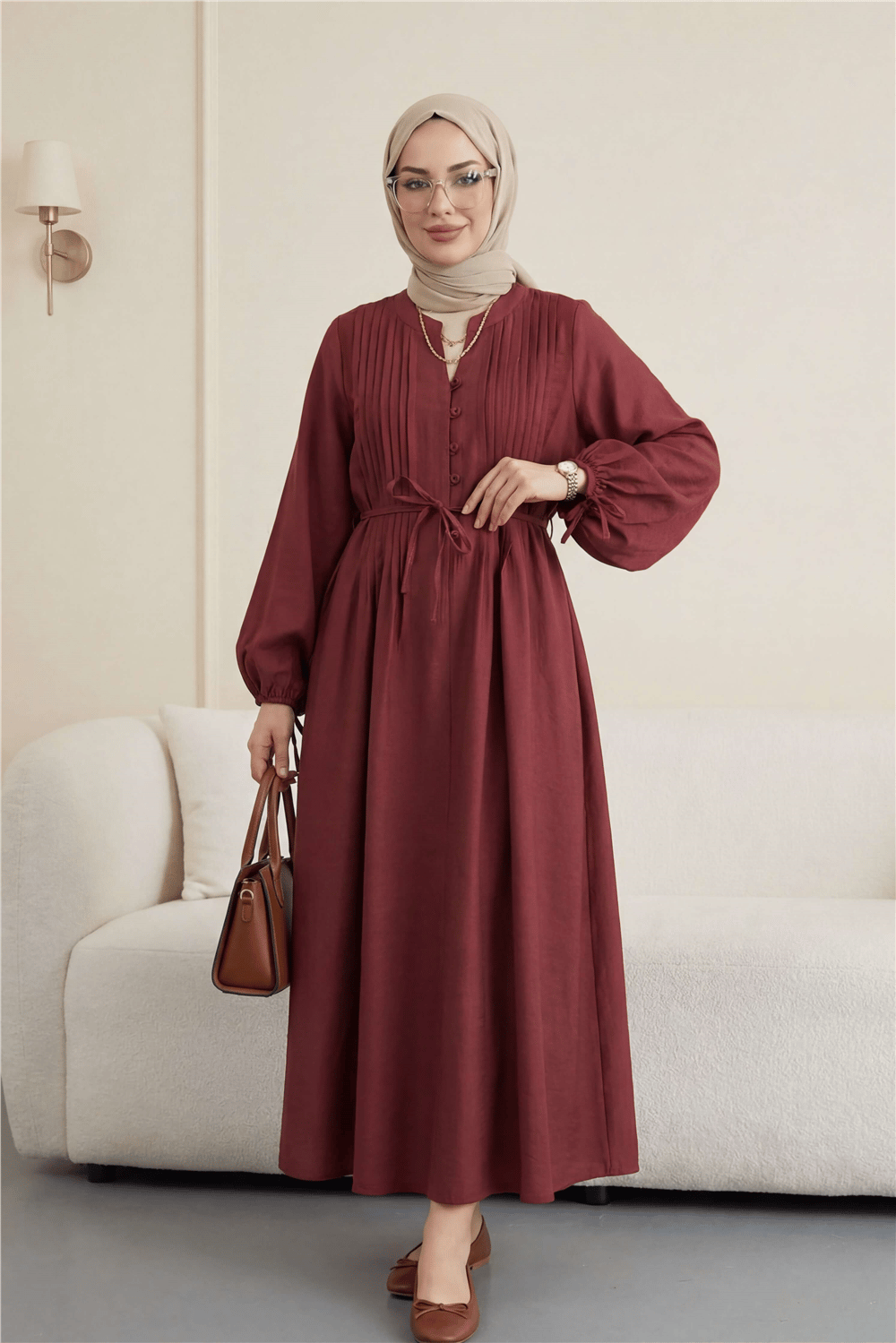 Yarım Düğmeli Nervürlü Bağcıklı Tensel Elbise -Bordo-Elbise-307-0094-R04