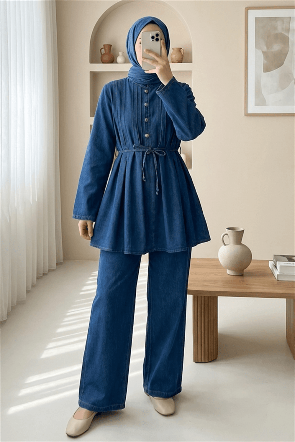 Yarım Düğmeli Önü Pliseli Beli Bağlamalı Pantolonlu Kot Takım  -İndigo-Takım-349-202507-R21
