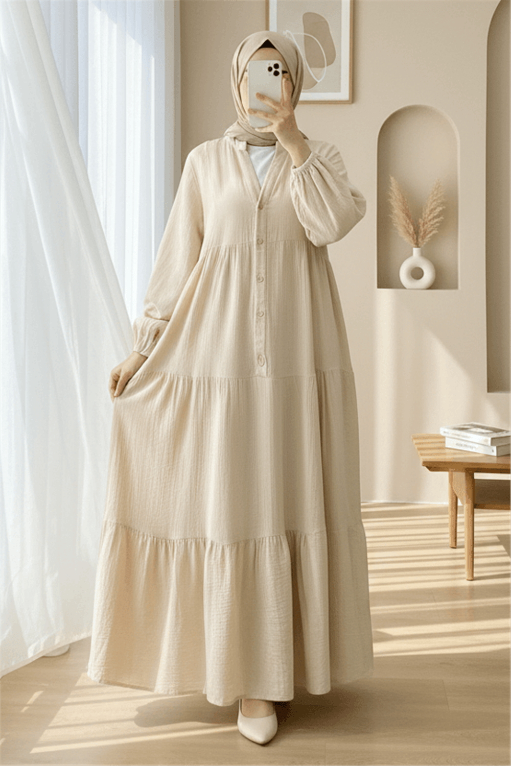 Yarım Düğmeli Parçalı Müslin Elbise  -Bej-Elbise-207-2559-R56