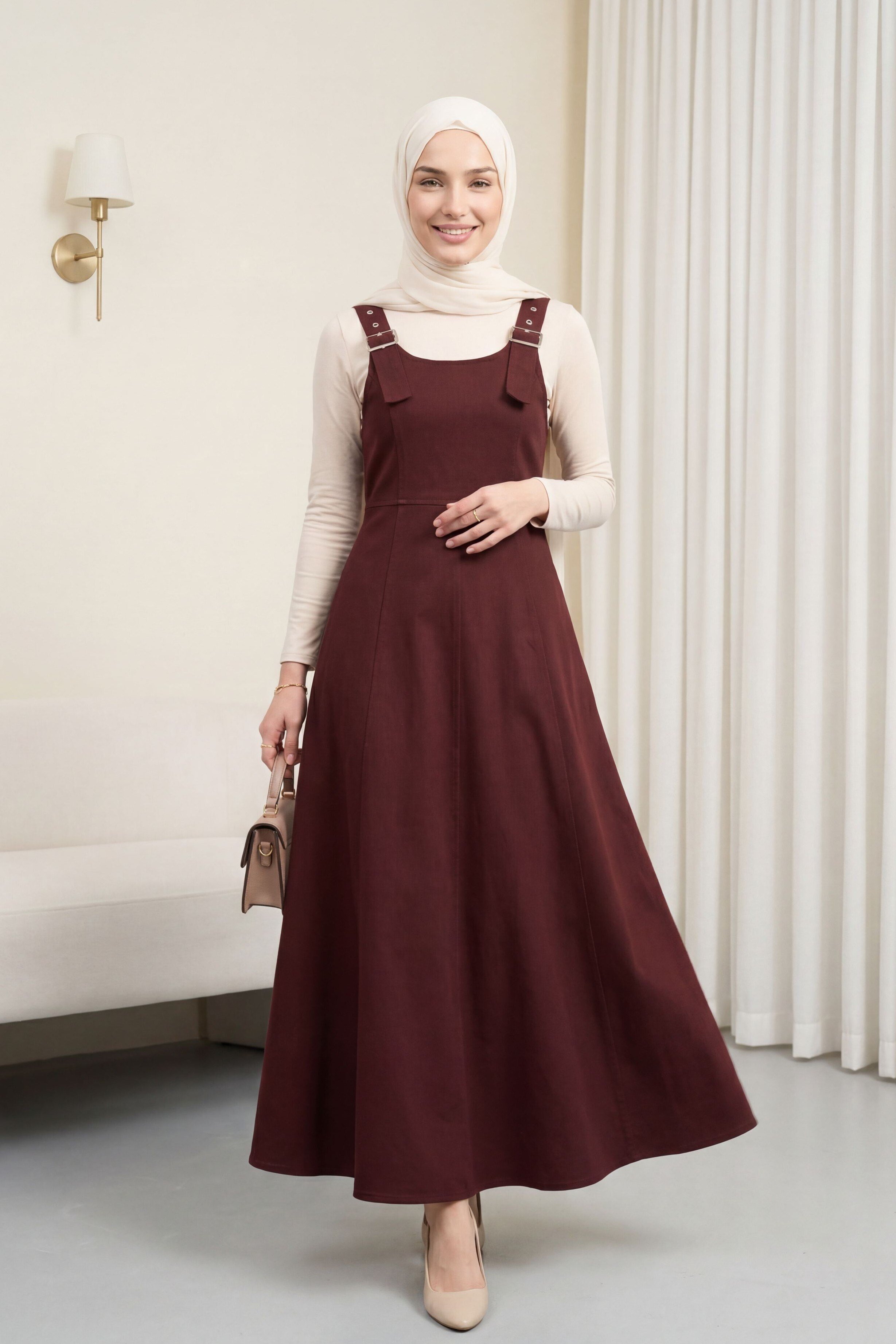 Yarım Fermuarlı Askılı Gabardin Jile  -Bordo