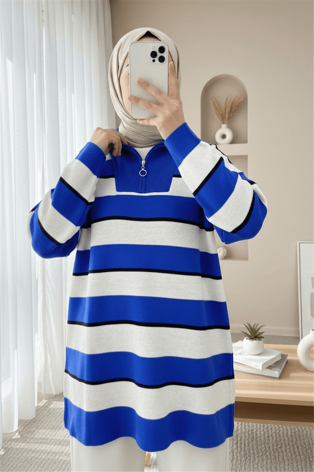 Yarım Fermuarlı Boğazlı Triko Tunik -Saks-Triko Tunik-357-5210-R10