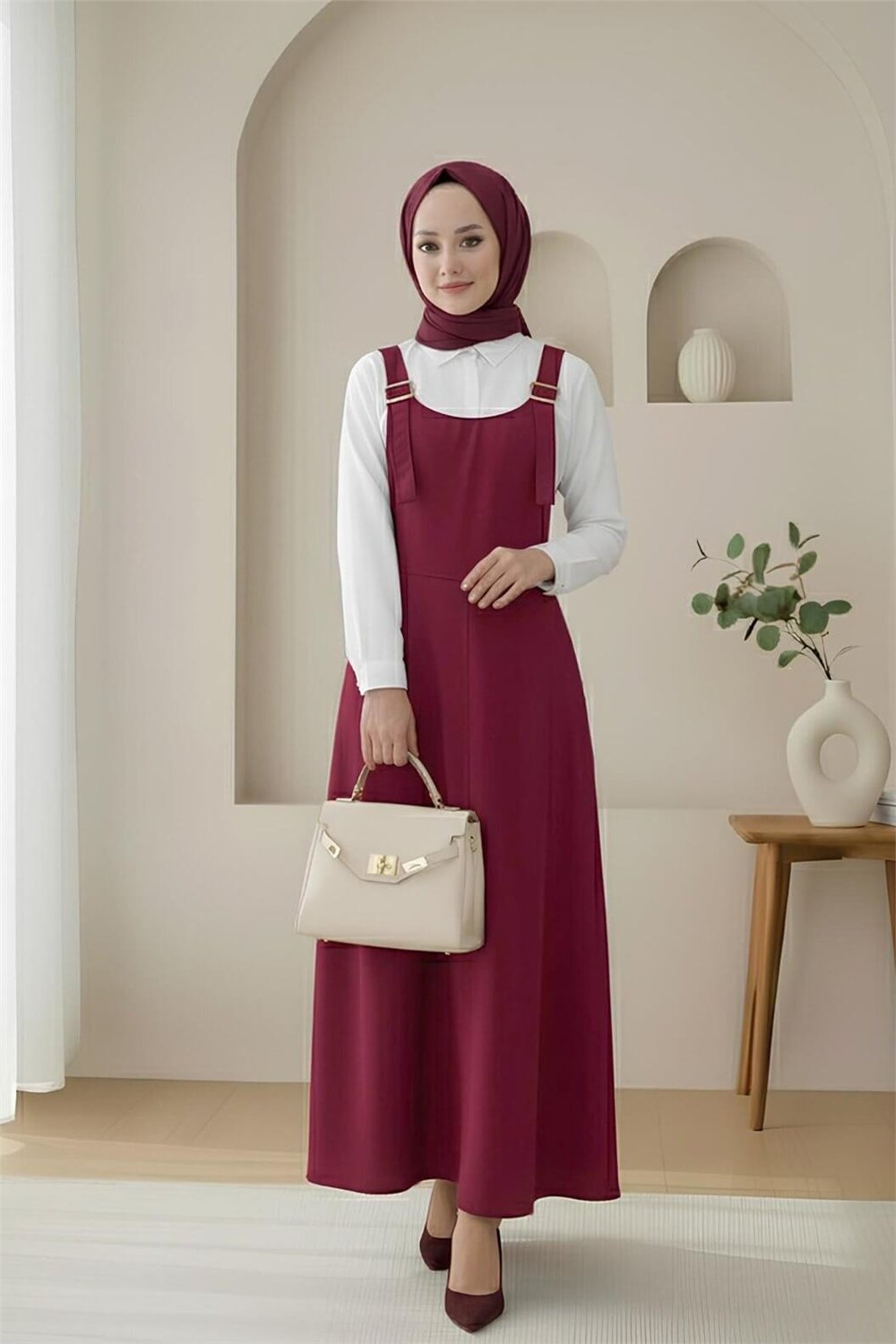 Yarım Fermuarlı Gabardin Jile  -Bordo-Elbise-362-4289-R04