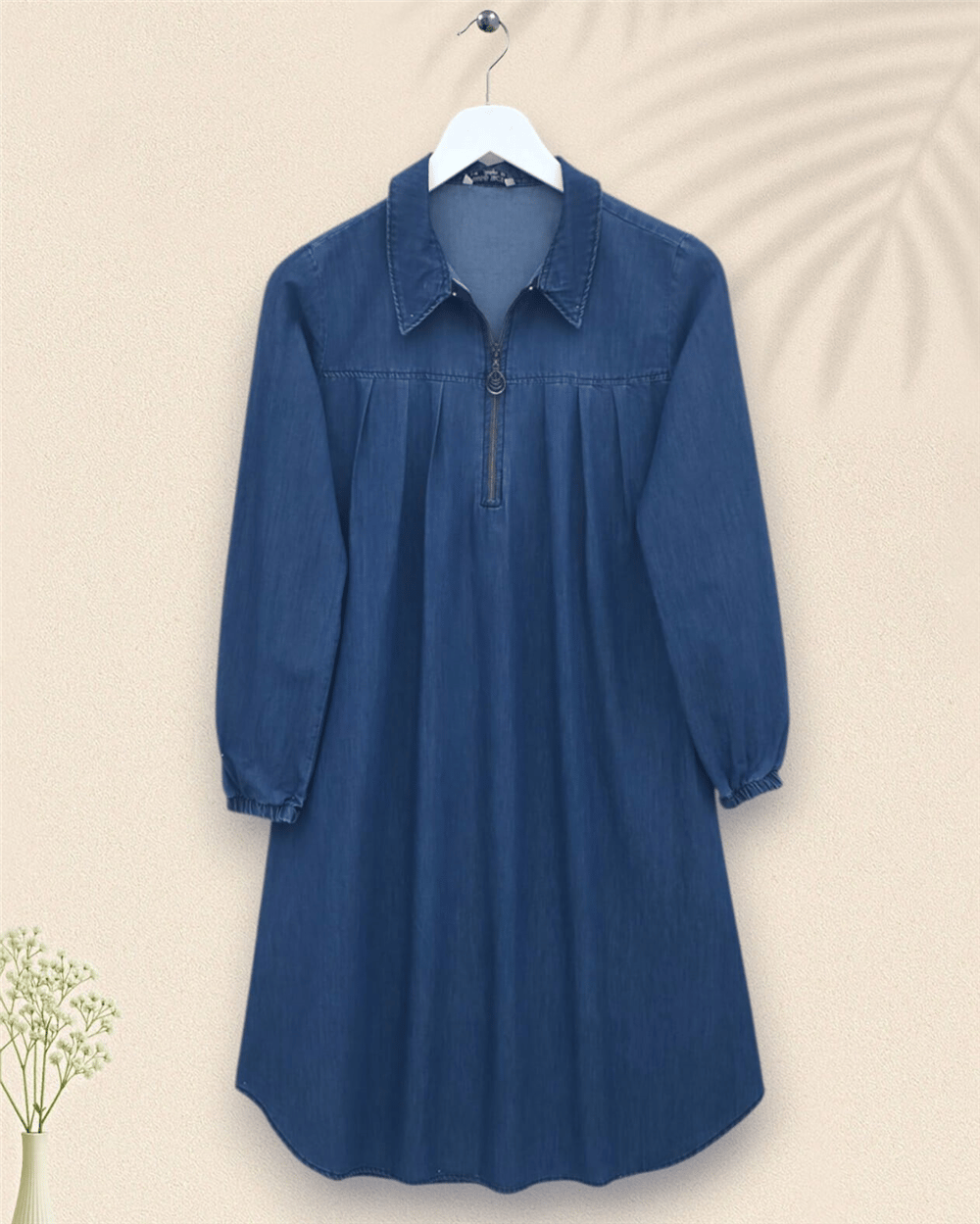 Yarım Fermuarlı Kolu Lastikli Kot Tunik -İndigo-Tunik-186-4671-R21