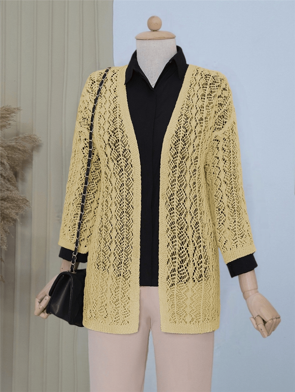 Yarım Kol Ajurlu Kısa Hırka    -Sarı-Hırka-109-0184-R22